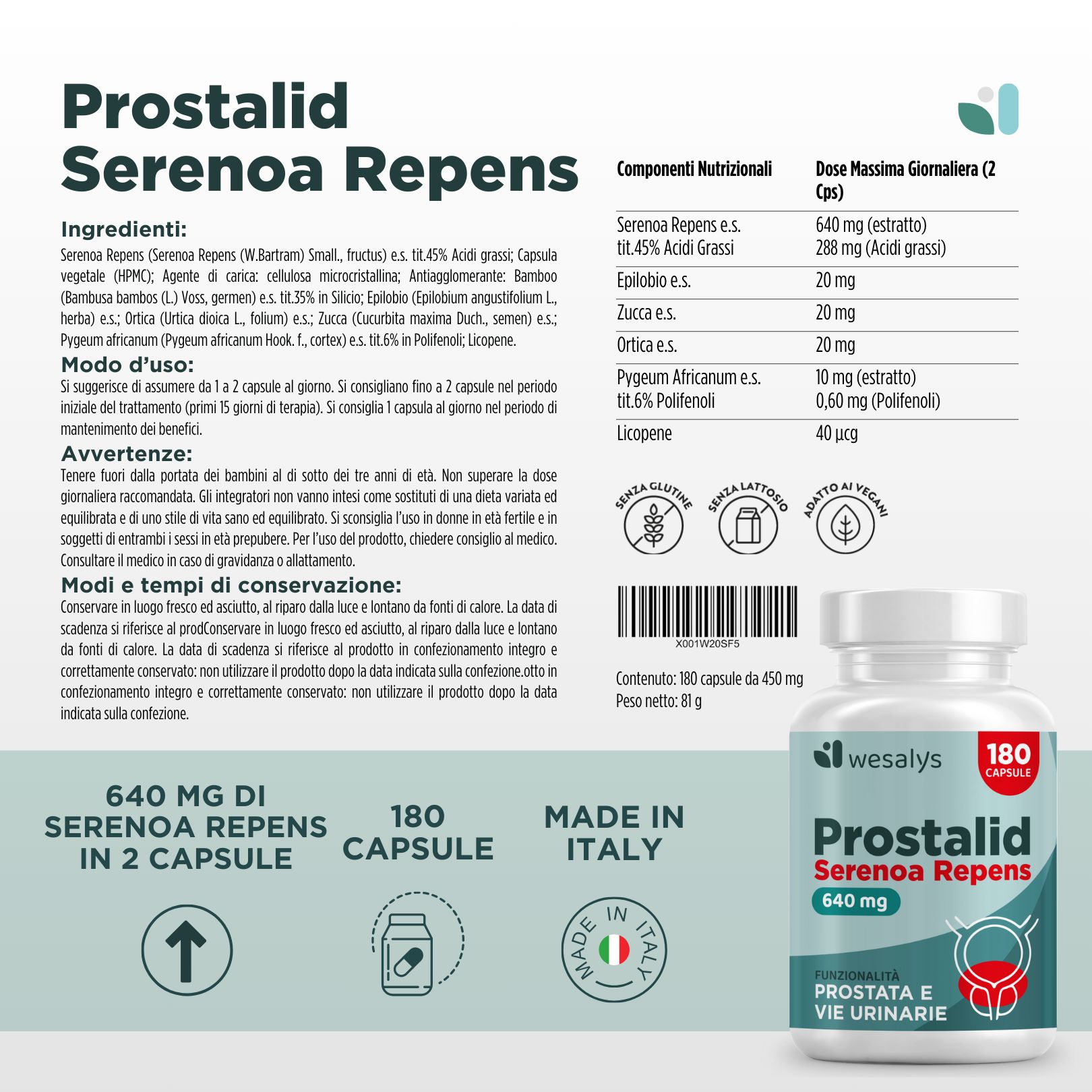 Flacone del prodotto con informazioni sugli ingredienti e il dosaggio. 180 capsule. Prodotto in Italia.