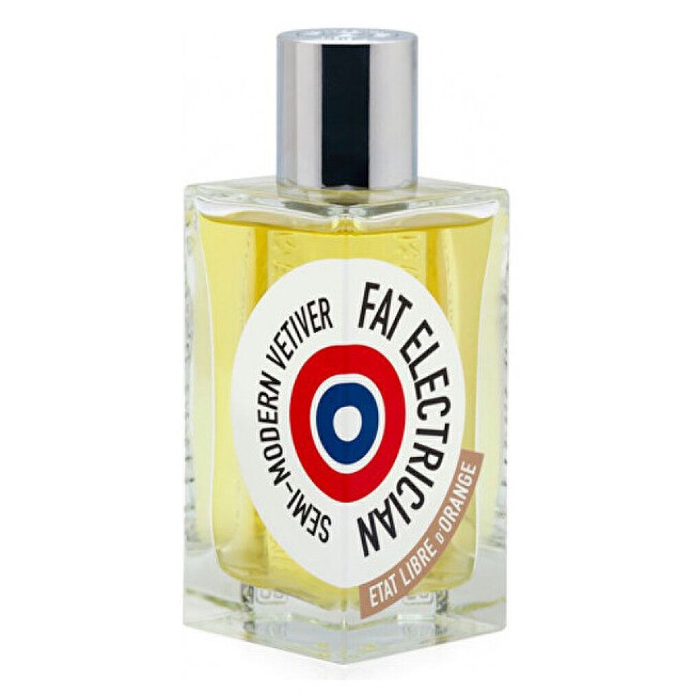 Parfümflasche mit silberner Kappe. Weißer Aufkleber mit Text und Logo. Rechteckige Glasflasche.