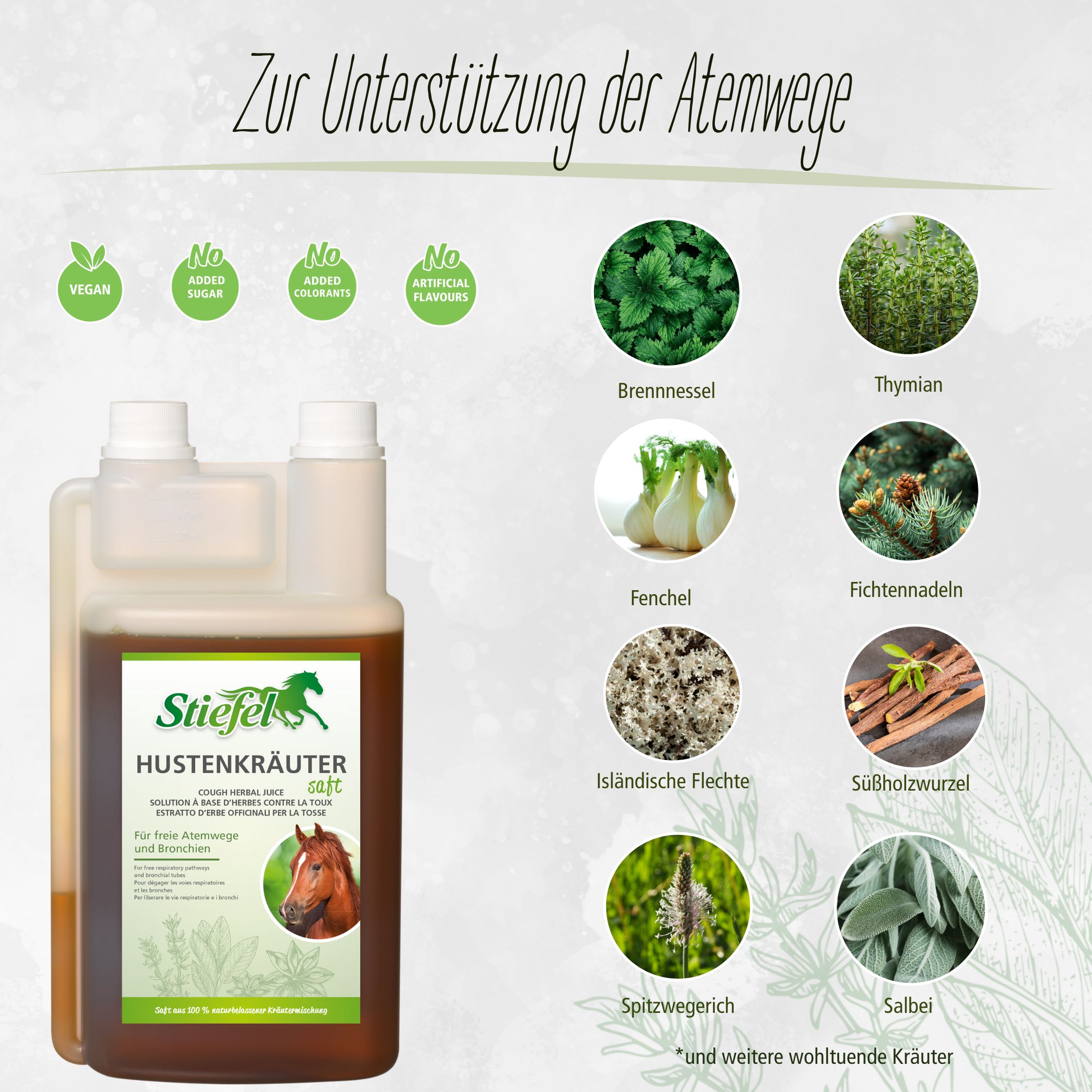 Braune Flüssigkeit in einer Flasche mit weißem Deckel. Etikett mit Produktnamen und Kräutern. Vegan, ohne Zucker, ohne Zusatzstoffe, ohne Aromen.