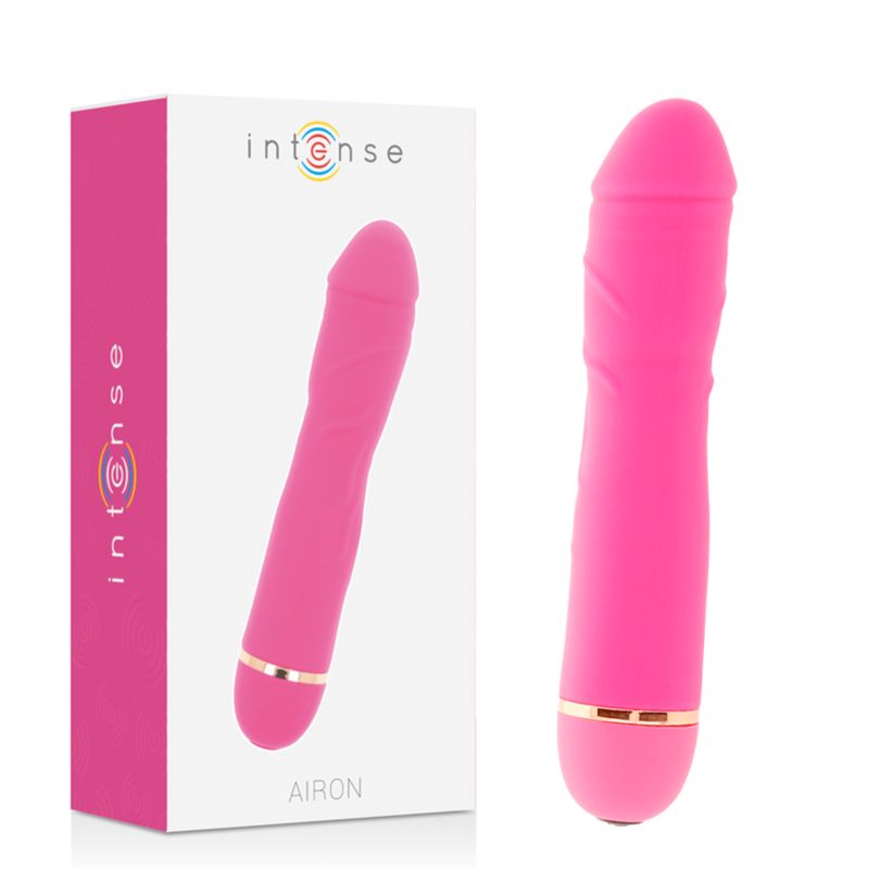 Vibrator und Verpackung. Marke: Intense. Modell: Airon. Verpackung mit Produktabbildung und Text.