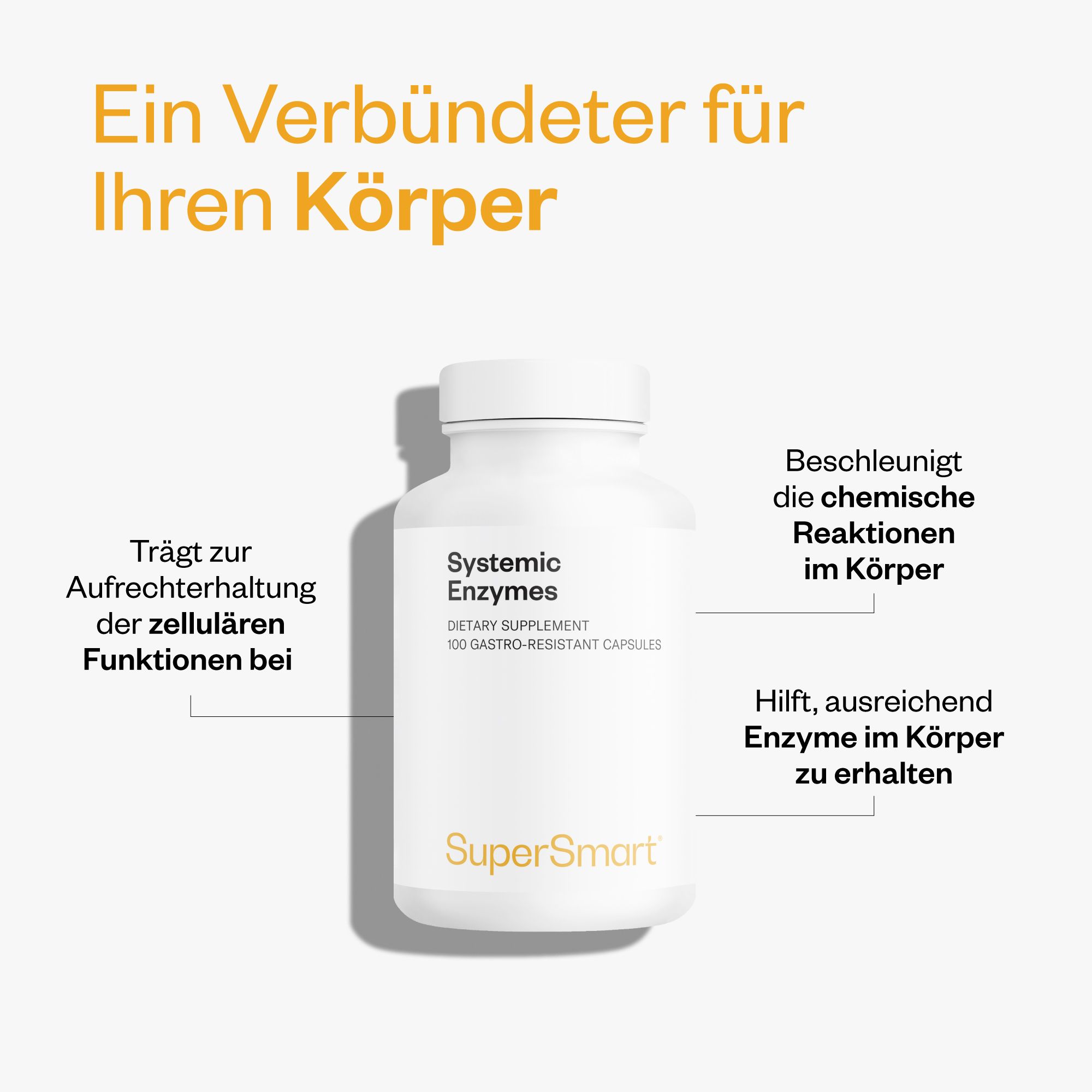Weiße Flasche mit Kapseln. Produktname: Systemische Enzyme. Marke: SuperSmart. Text: Dietary Supplement, 100 gastro-resistente Kapseln.