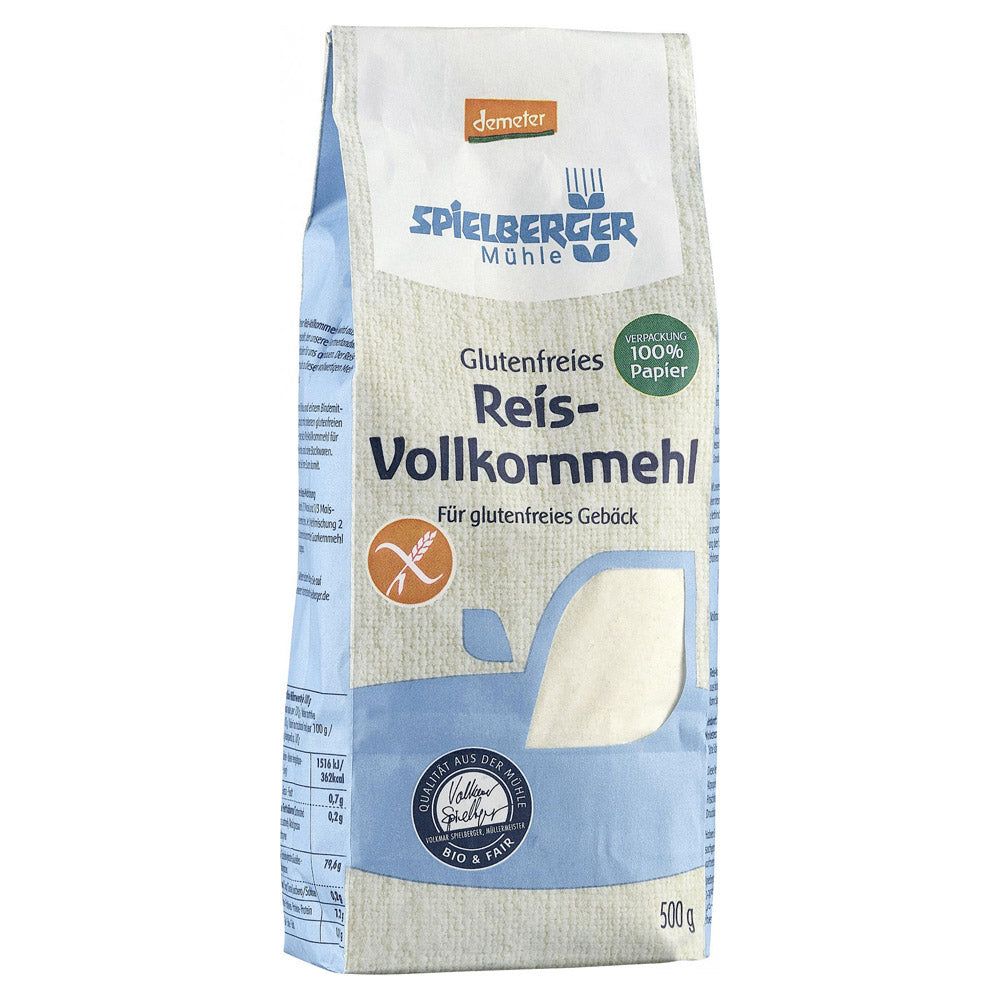 Verpackung von Spielberger Reis-Vollkornmehl glutenfrei. Blaue und weiße Verpackung mit Produktnamen und Logo. Demeter-Siegel.