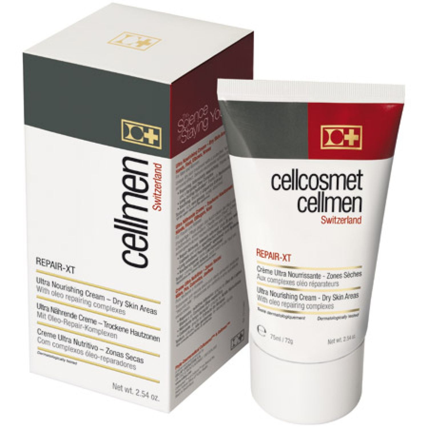 Creme und Verpackung von Cellcosmet Cellmen. Tube und Schachtel mit Texten wie "REPAIR-XT" und "Ultra Nourishing Cream".