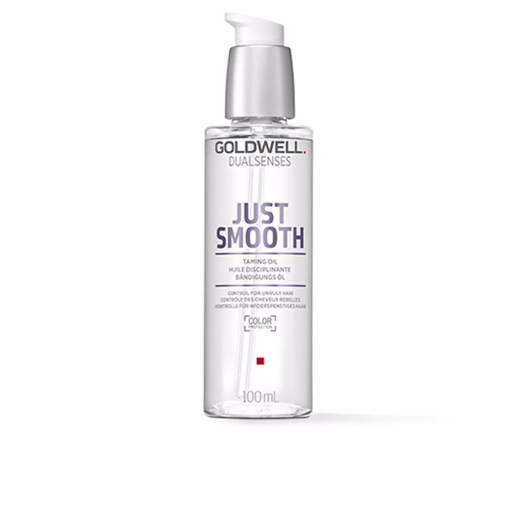 Transparente Flasche mit silbernem Pumpkopf. Aufschrift: Goldwell Dualsenses Just Smooth Taming Oil. Logo und Text.