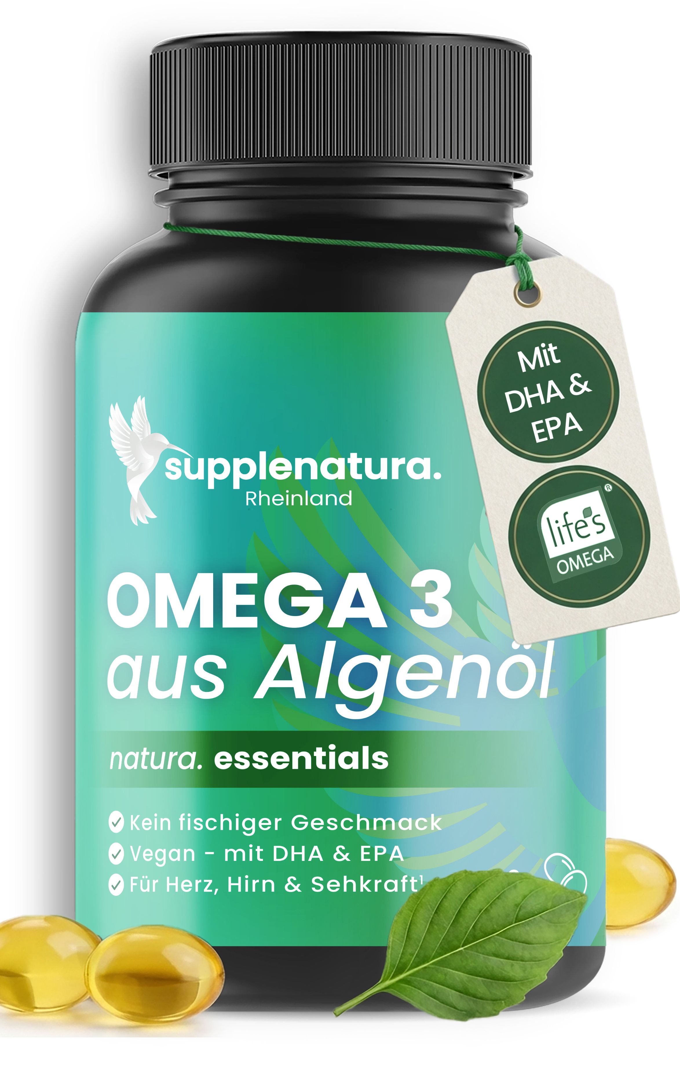 Braune Flasche mit Omega 3 Kapseln. Text: Omega 3 aus Algenöl, vegan, mit DHA & EPA. Anhänger mit life's™ OMEGA.