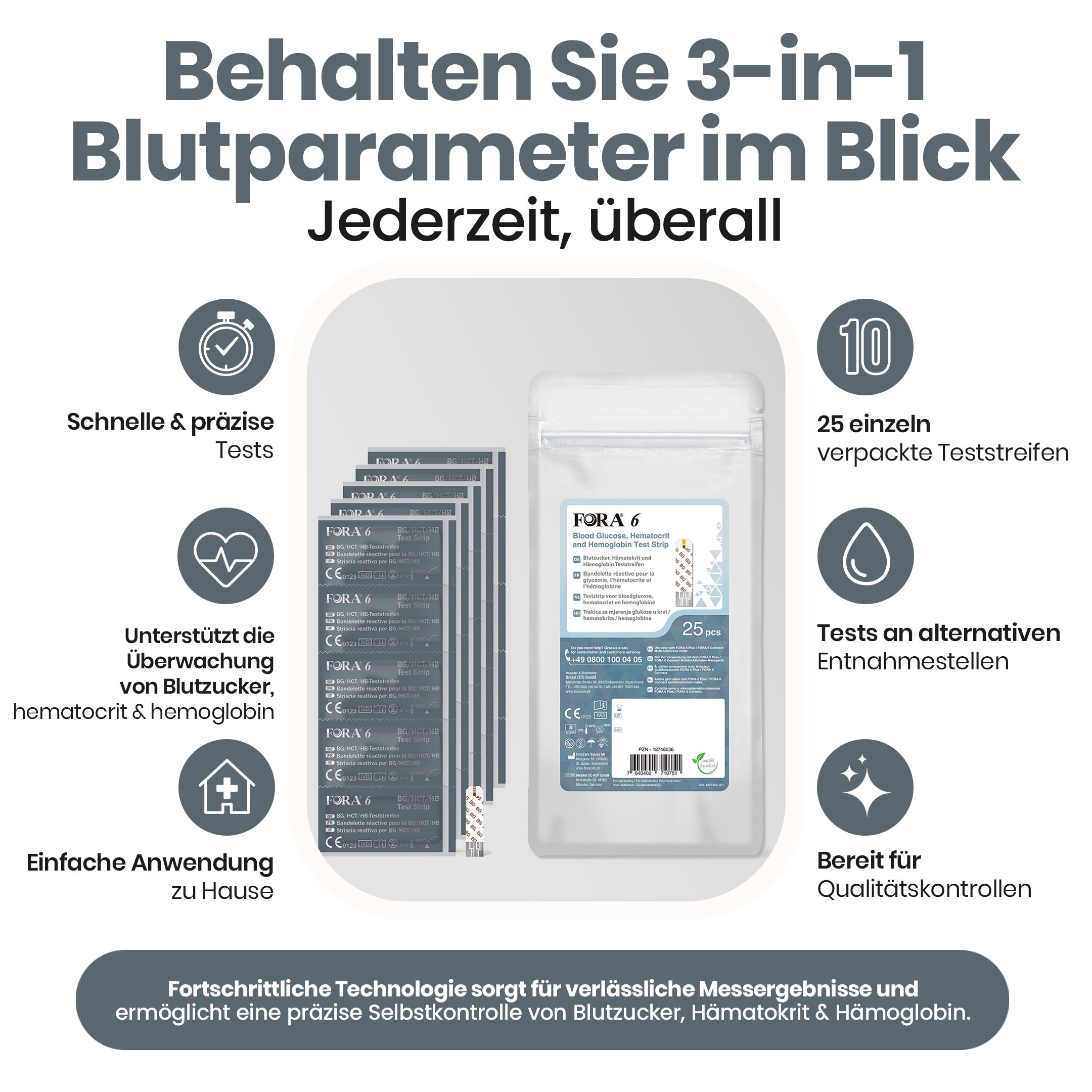 Produktabbildung mit Text und Icons. FORA 6 Teststreifen, 25 einzeln verpackte Teststreifen. CE-Zeichen.