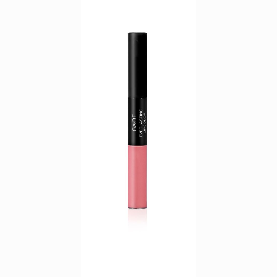 Doppel-Lippenstift mit schwarzem Deckel und rosa Lippenfarbe. Aufschrift: GA-DE Everlasting Lipcolor.