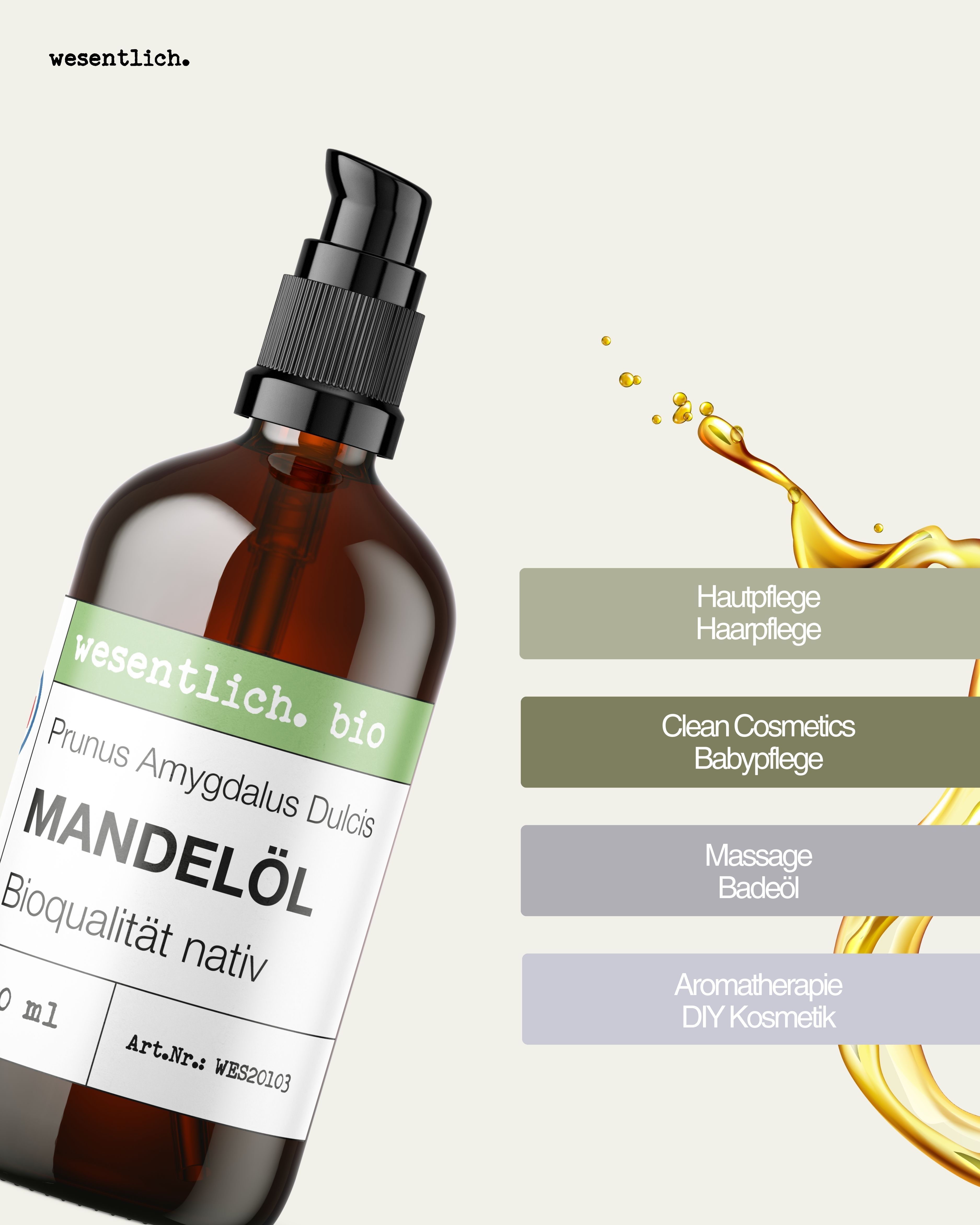 Braunglasflasche mit Mandelöl, Label mit Produktinformationen. Textfelder mit Anwendungsbereichen: Hautpflege, Haarpflege.