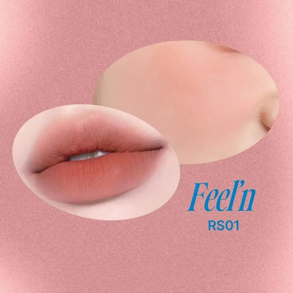 Lippen und Wangen mit RS01 Feel'n. Lippen und Haut mit Rouge-Effekt. Text: Feel'n RS01.