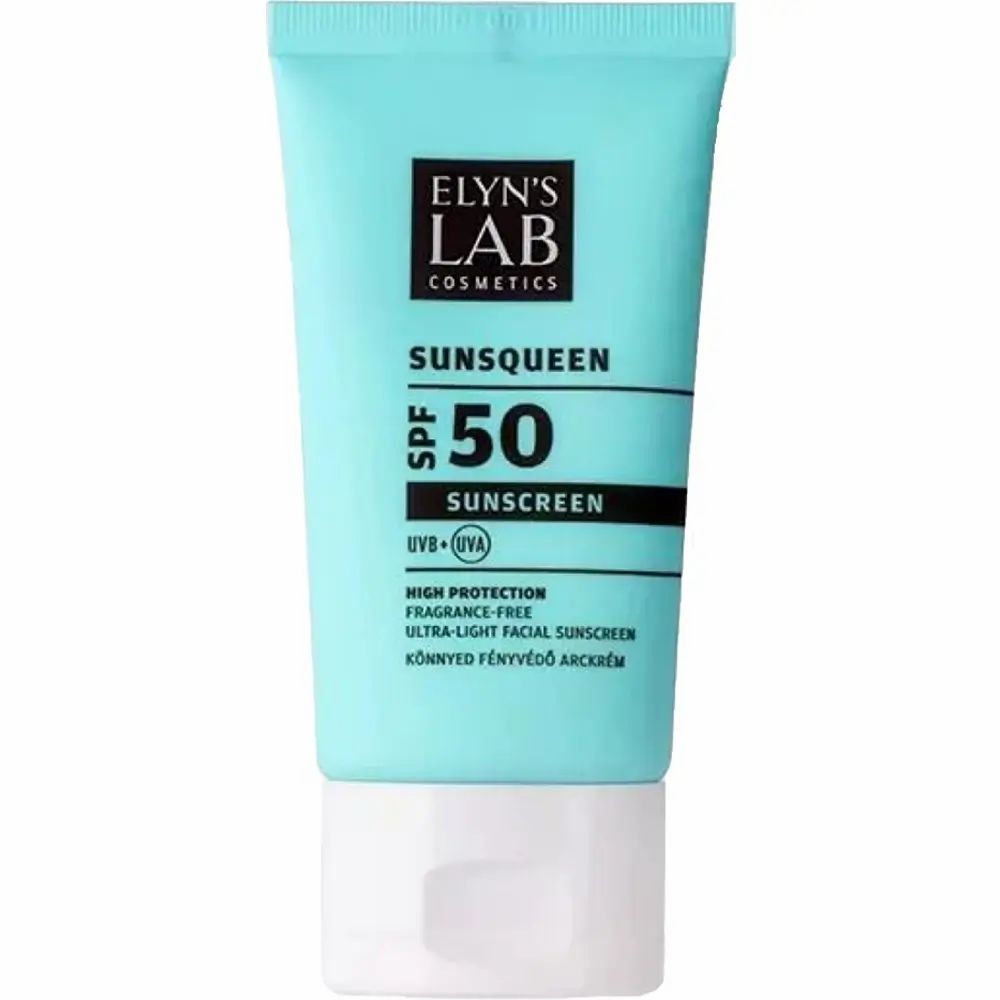 Türkisblaue Tube mit weißem Deckel. Aufdruck: ELYN'S LAB, SUNSQUEEN SPF50, Sonnencreme. Text in Englisch und Ungarisch.