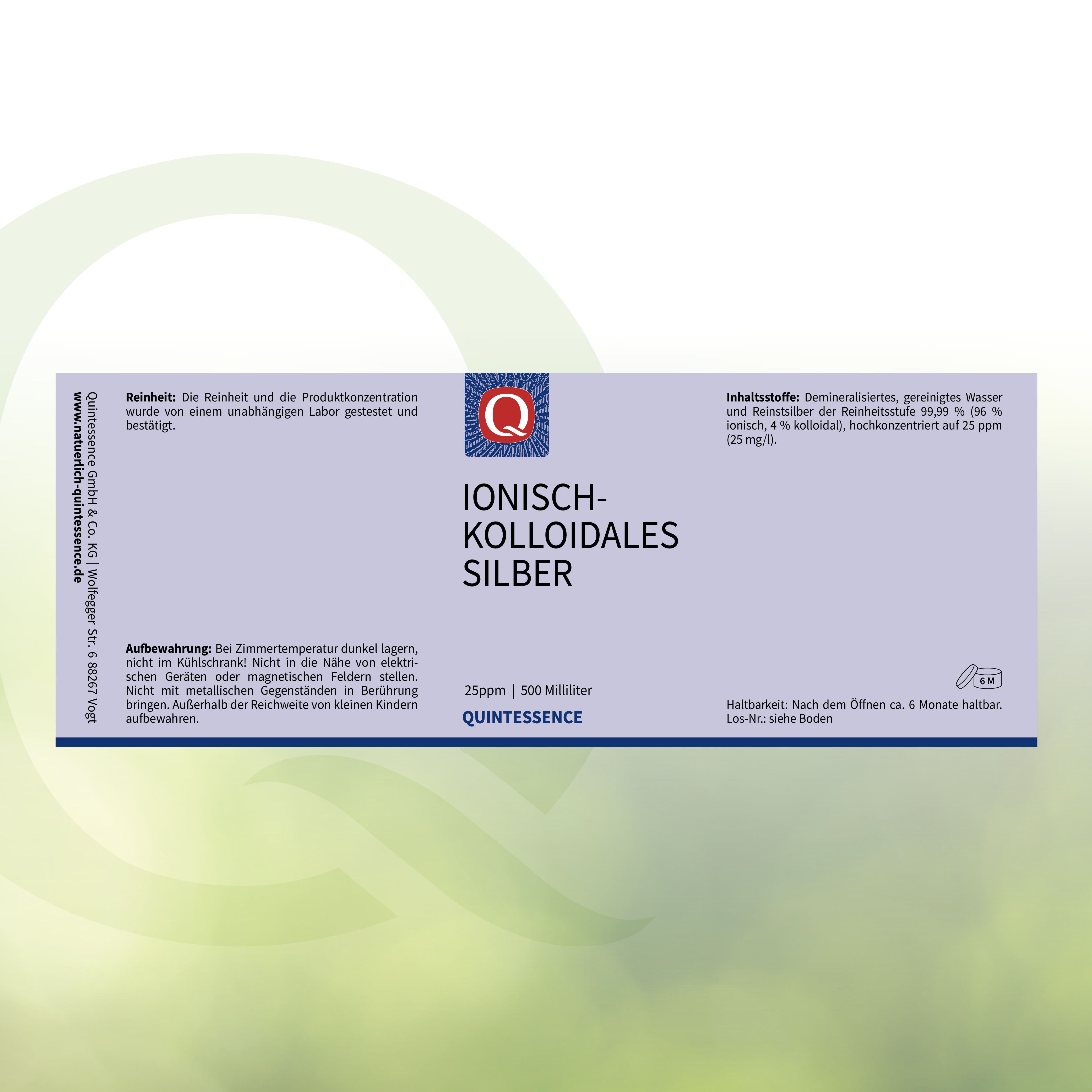 Weiße Schachtel mit Text: Ionisch-kolloidales Silber, 25 ppm, Quintessence. Q-Logo. Text über Reinheit und Inhaltsstoffe.