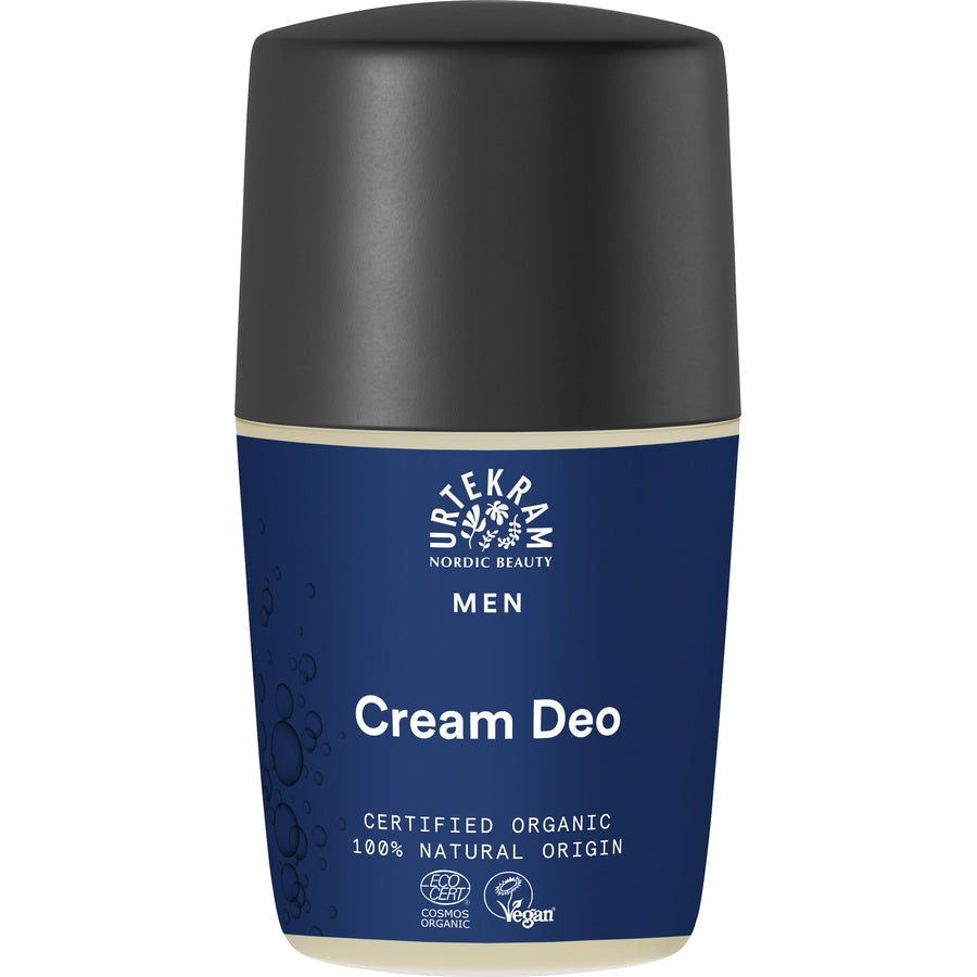 Deo-Roller mit schwarzem Deckel und blauem Etikett. Aufschrift: "Cream Deo", "MEN", "CERTIFIED ORGANIC".