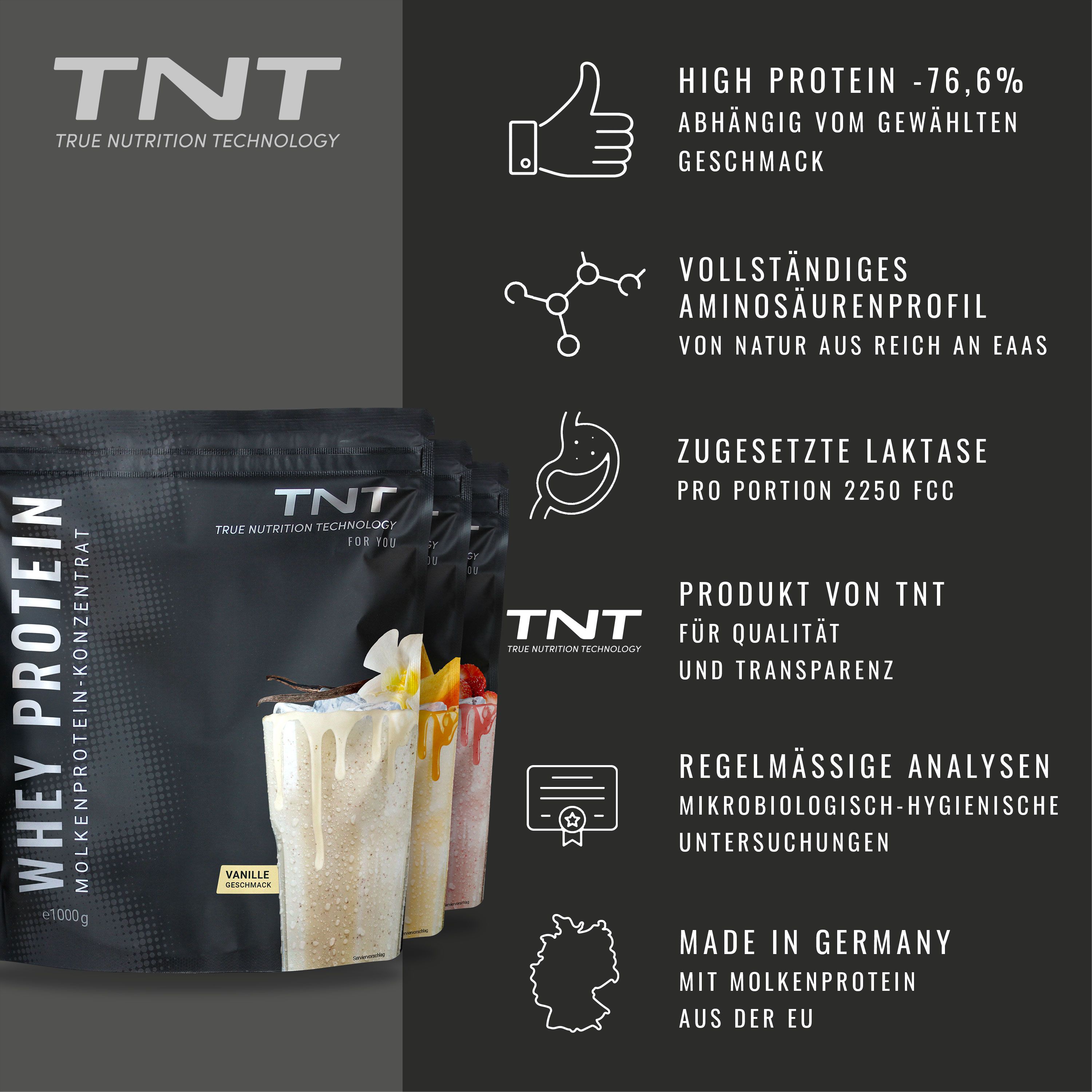 TNT Whey Protein Konzentrat Packung und Text mit Informationen. Text: High Protein, vollständiges Aminosäurenprofil, zugesetzte Laktase, Produkt von TNT.