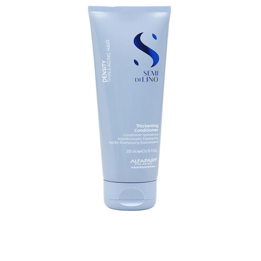 Hellblaue Tube mit Produkt. Aufschrift: Semi di Lino, Thickening Conditioner, 200 ml. Marke: Alfaparf Milano Professional.