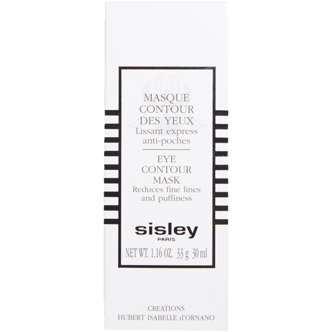 Weiße Verpackung mit schwarzem Rahmen. Aufschrift: Masque Contour des Yeux, Eye Contour Mask, Sisley. Nettogewicht: 1.16 oz, 33 g, 30 ml.