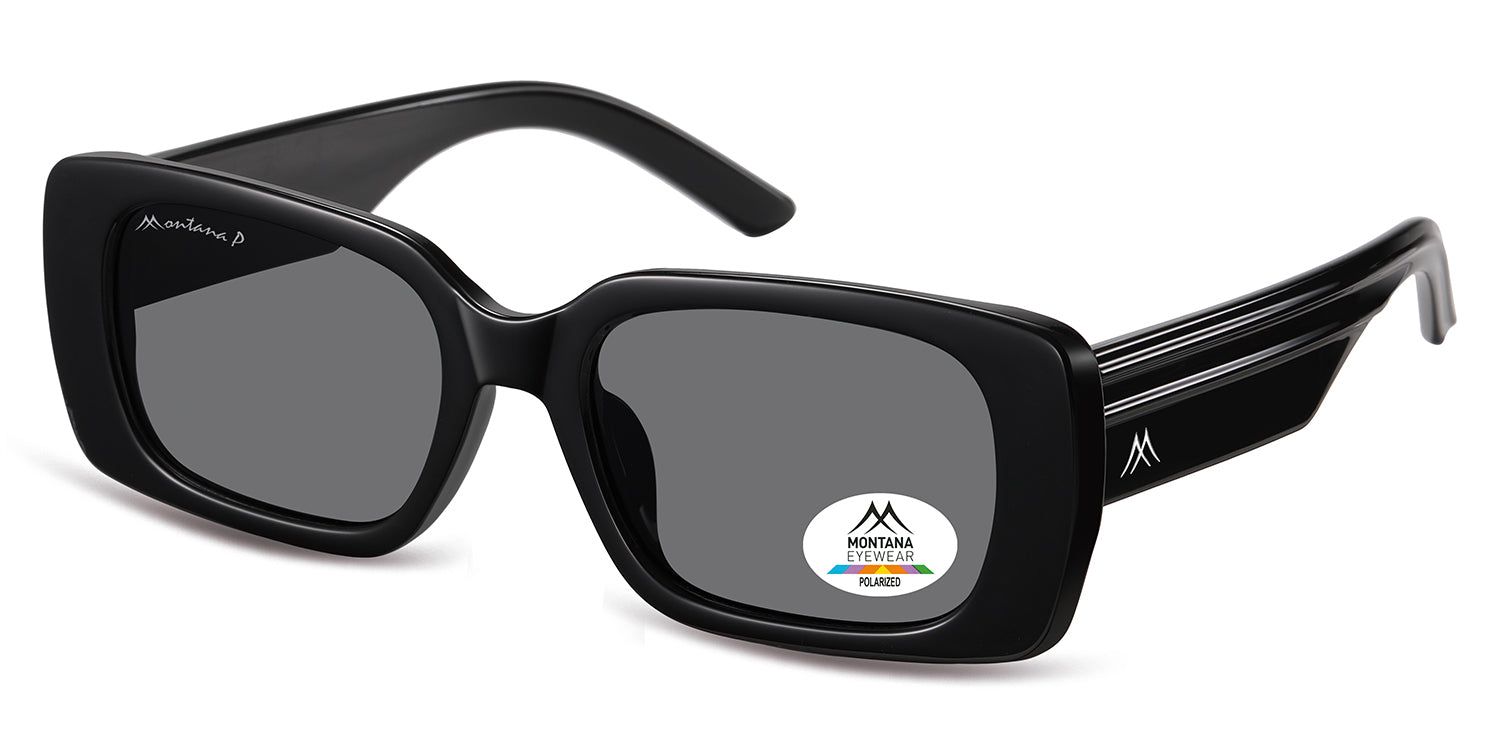 Schwarze Sonnenbrille mit rechteckigen Gläsern. Montana Eyewear Logo auf dem Glas. Polarisierte Gläser.