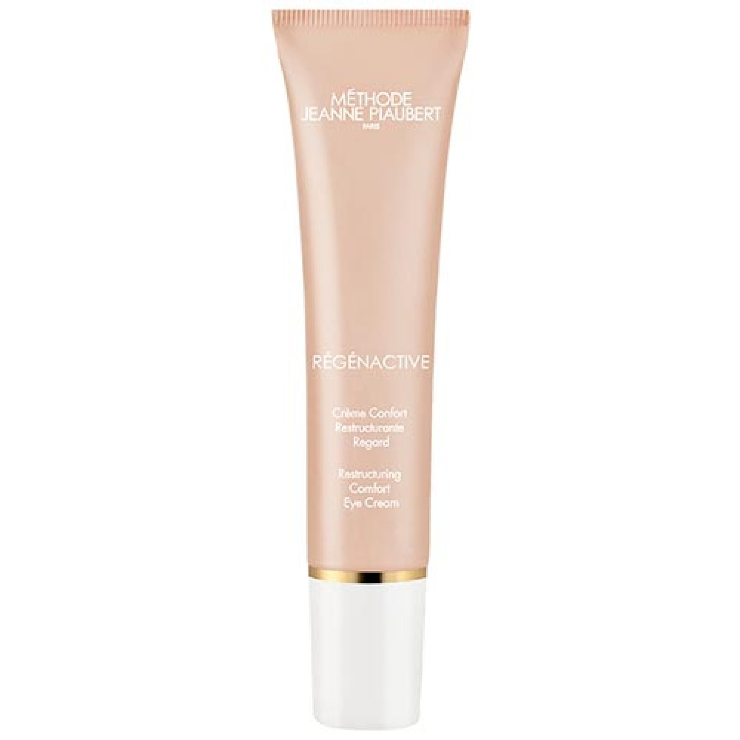 Beige Tube mit weißem Deckel. Aufschrift: Rgnactive, Crme Confort Restructurante Regard, Restructuring Comfort Eye Cream.