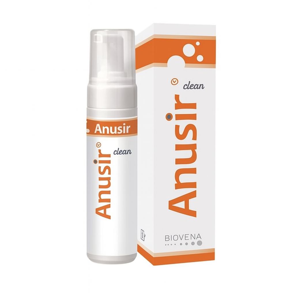 Flacone spray bianco e scatola con dettagli arancioni. Scritta "Anusir clean" e "Biovena".