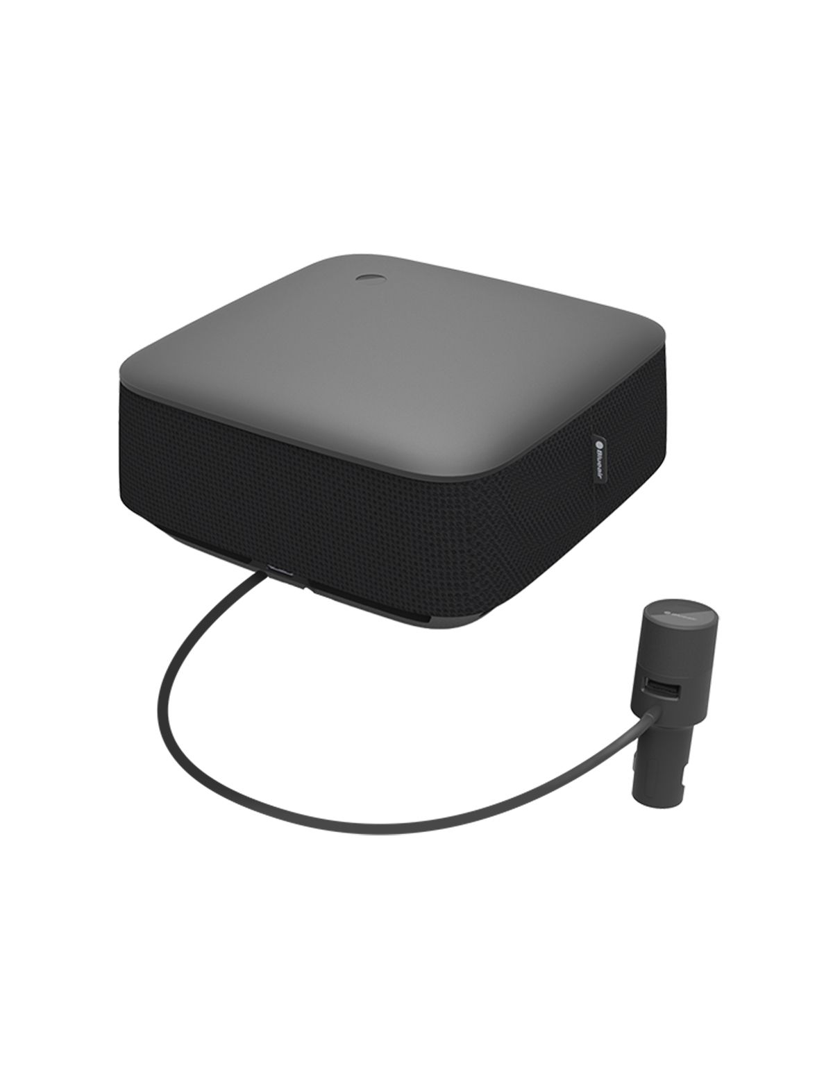 Grauer Luftreiniger mit schwarzem Gitter, Kabel und Stecker. Quadratische Form. 12V DC 5,5W.