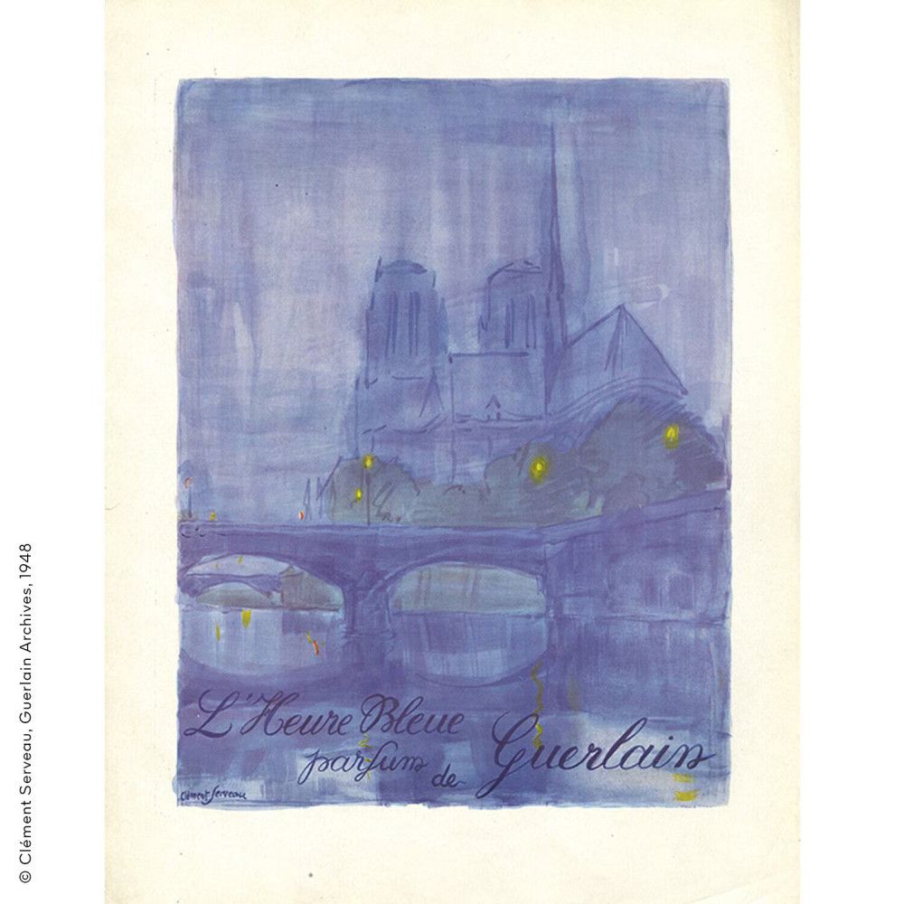 Aquarell-Illustration von Notre Dame bei Nacht mit Brücke und Fluss. "L'Heure Bleue parfum de Guerlain".