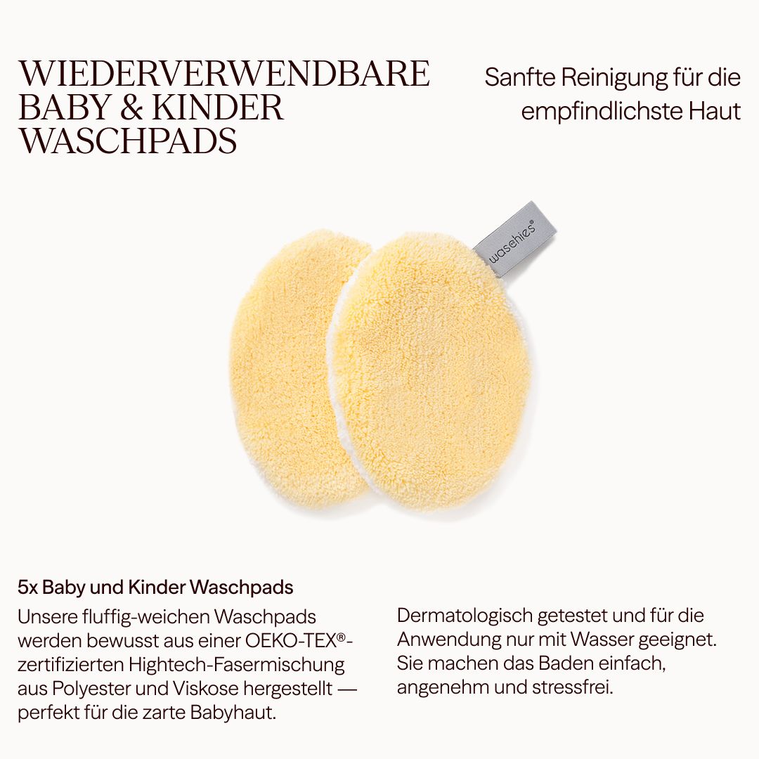 Zwei gelbe Waschpads neben Text. Text: Wiederverwendbare Baby & Kinder Waschpads, 5x Baby und Kinder Waschpads, OEKO-TEX®.