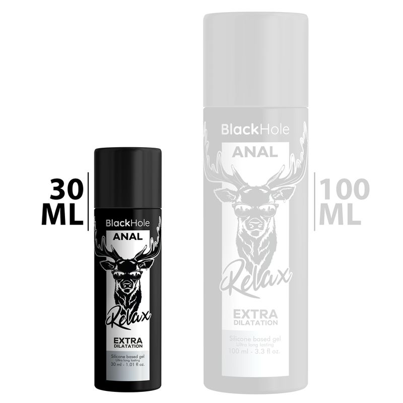 Zwei Flaschen Gleitmittel: eine schwarze 30ml Flasche und eine schematische 100ml Flasche. Beide mit Hirsch-Logo und 'BlackHole ANAL Relax EXTRA DILATATION' Aufschrift.