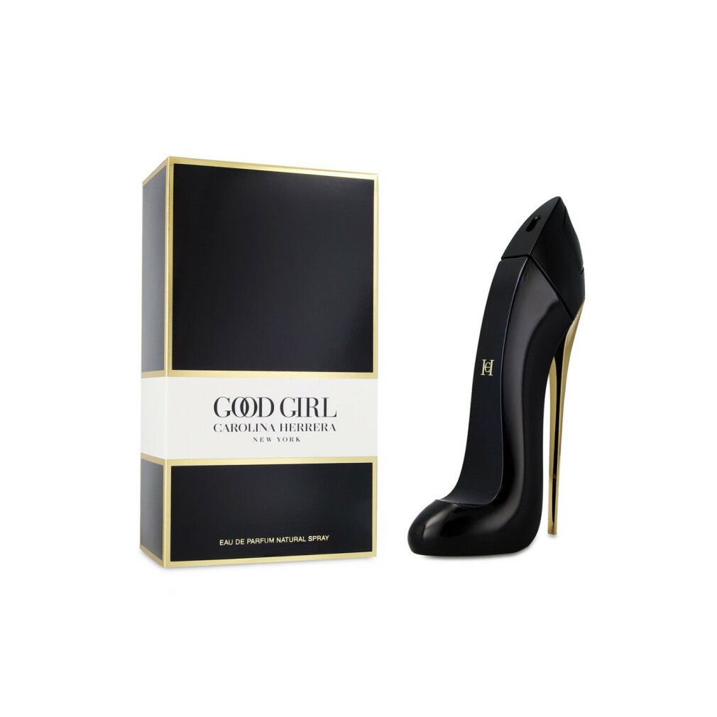 Schwarzer Schuh-Flakon und Box. Goldfarbene Akzente. Aufschrift: GOOD GIRL CAROLINA HERRERA NEW YORK. Eau de Parfum Natural Spray.