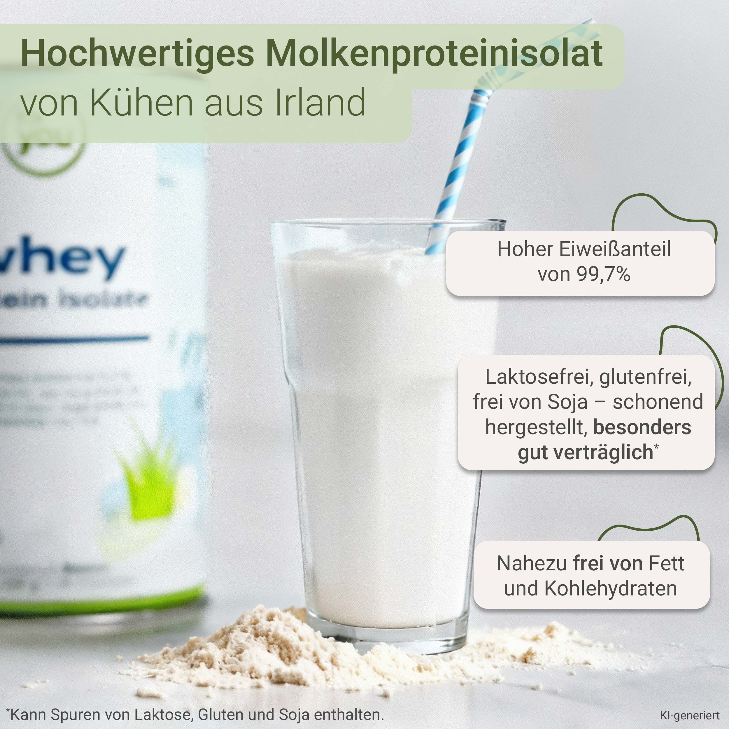 Hochwertiges Molkenproteinisolat von Kühen aus Irland, 99,7% Eiweiß, laktose-, gluten-, sojafrei.