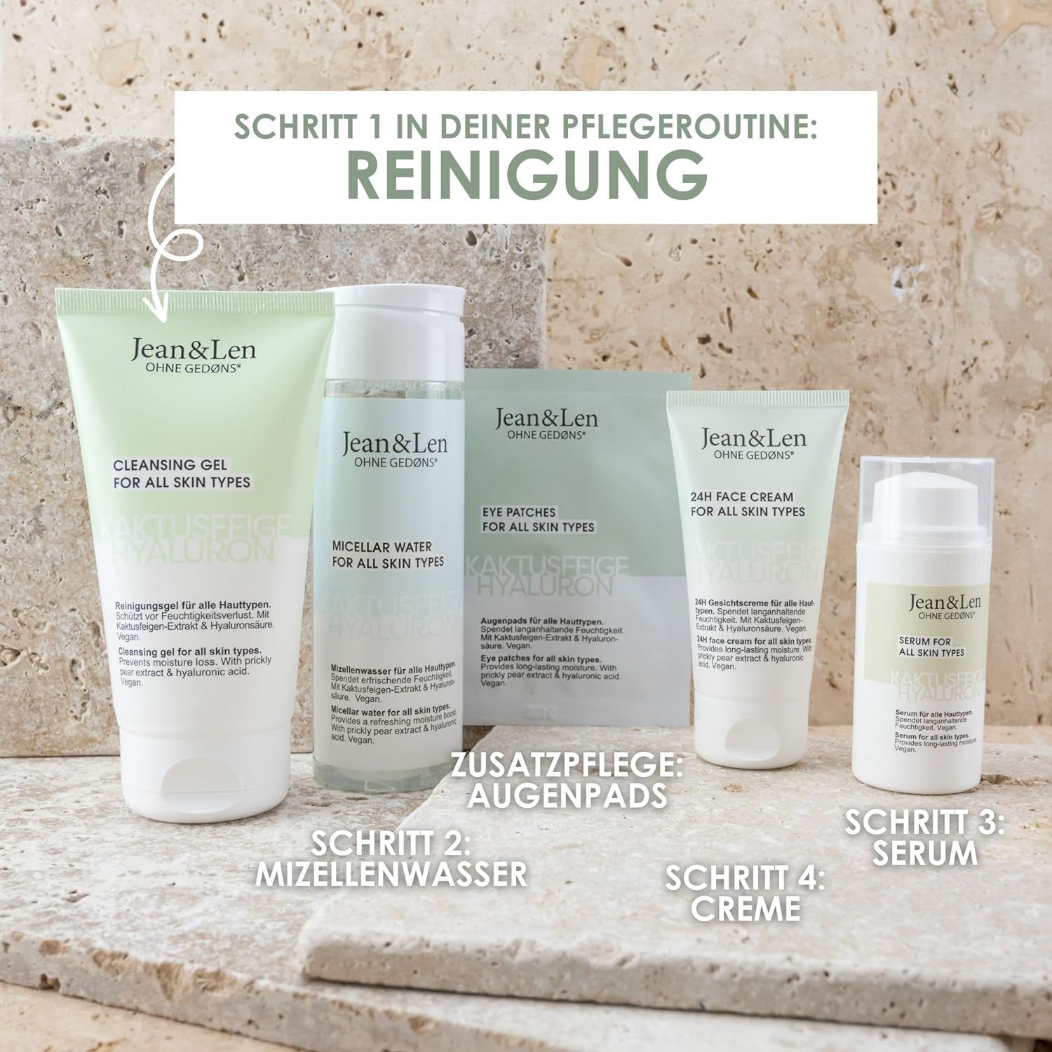 Verschiedene Produkte: Reinigungsgel, Mizellenwasser, Augenpads, Creme, Serum. Text: Jean & Len. Schritt 1: Reinigung. Schritt 2: Mizellenwasser.