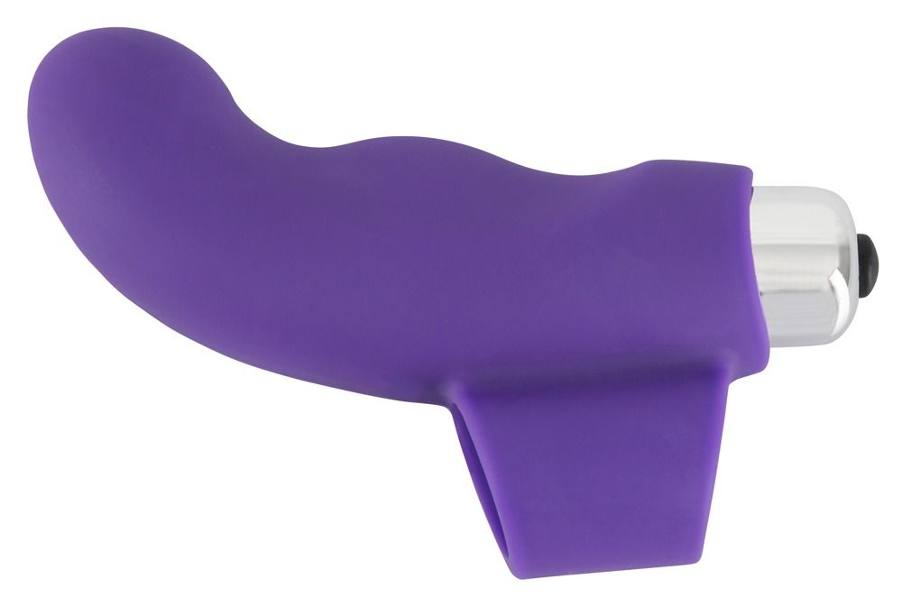 Lila Finger-Vibrator. Silikon-Material. Ringförmige Basis. Silberfarbener Vibrationskopf mit schwarzem Knopf.