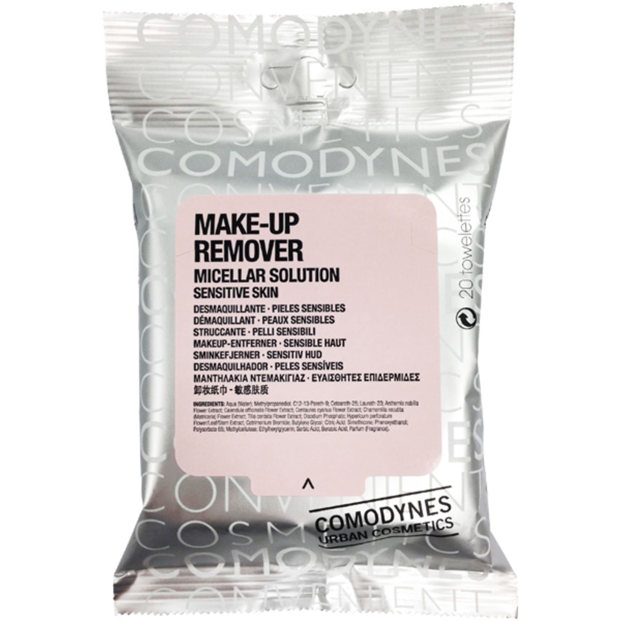 Verpackung mit Reinigungstüchern. Rosa Etikett mit Text: Make-Up Remover Micellar Solution Sensitive Skin. Marke: Comodynes.