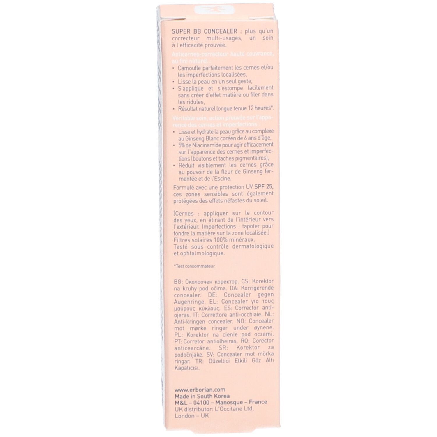 Rückseite der Erborian SUPER BB Concealer Verpackung. Text mit Produktinformationen.