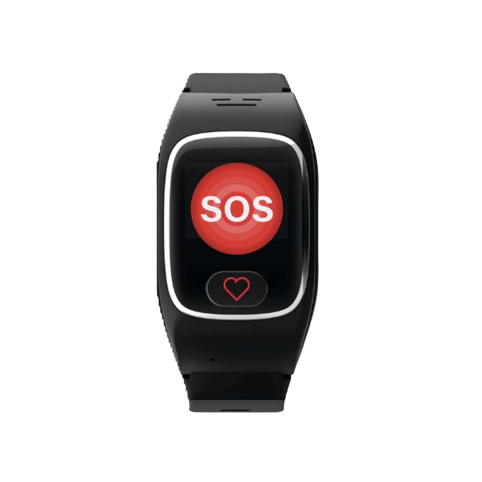 Schwarze Smartwatch mit rotem SOS-Symbol auf dem Display. Herzsymbol. Schwarzes Armband.