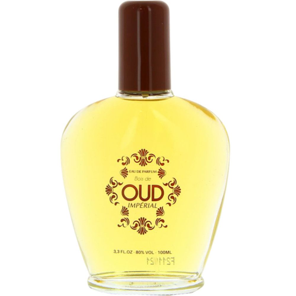 Parfümflakon mit braunem Verschluss. Aufschrift "Oud Imperial". Gelbe Flüssigkeit sichtbar.