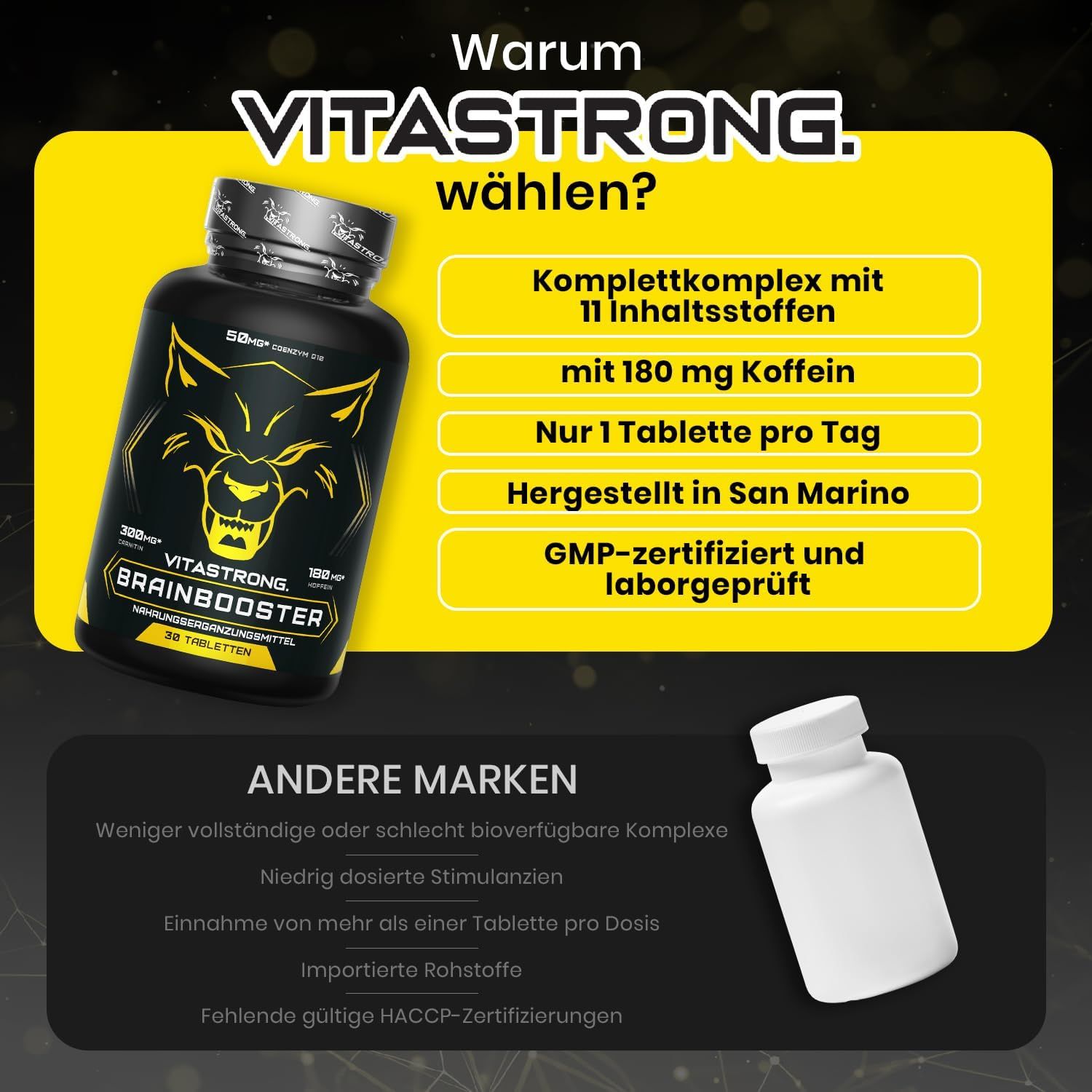 Vitastrong Brainbooster, Flasche und Schachtel. Text: 1 Tablette pro Tag, GMP-zertifiziert.