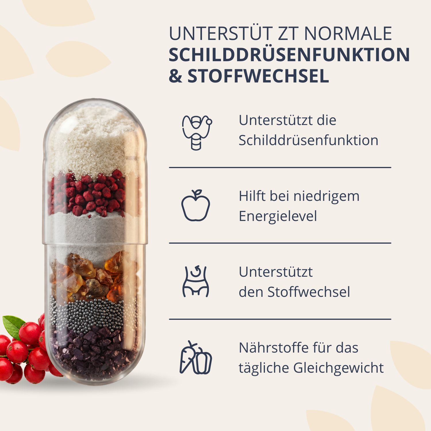 Detailansicht einer Kapsel mit Schichten von Inhaltsstoffen. Unterstützt Schilddrüse & Stoffwechsel.