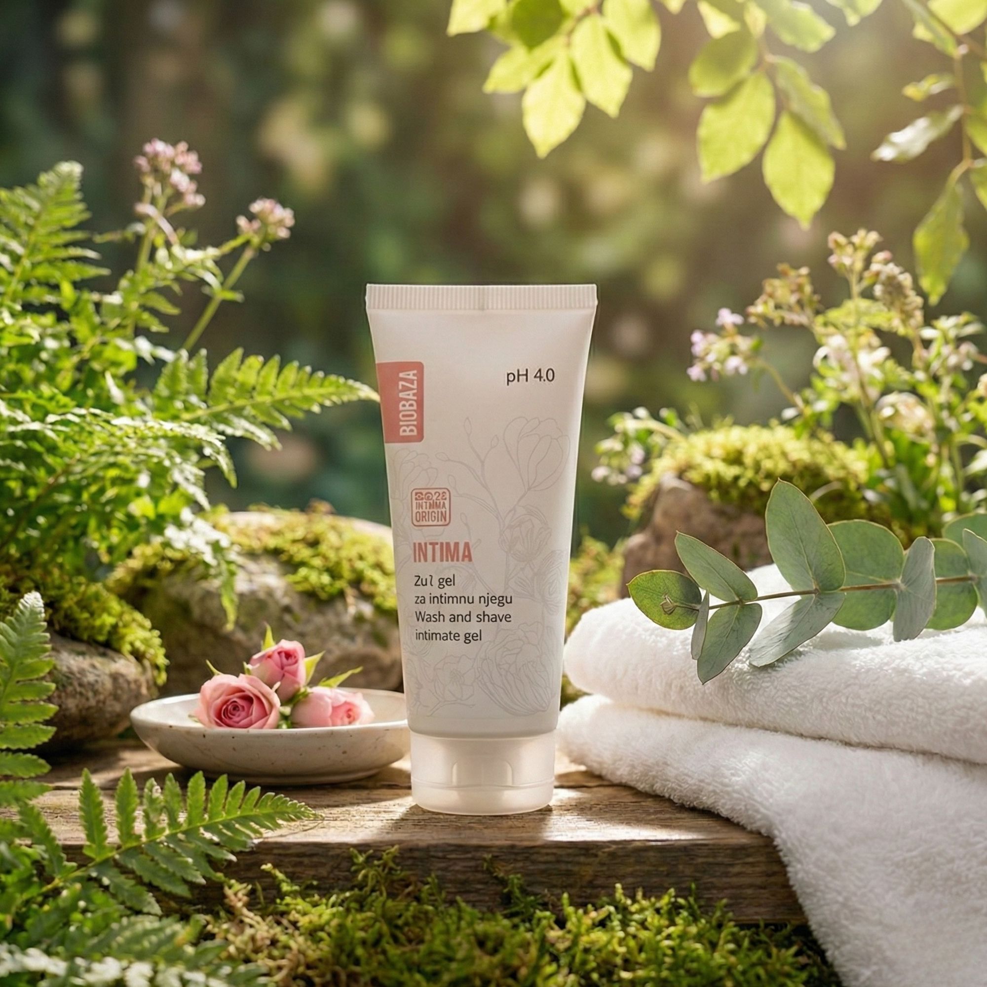 Weiß-rosa Tube Intim-Waschgel, pH 4.0. Auf Holzoberfläche, neben Handtüchern und Rosen. Natürlicher Hintergrund mit Blättern.