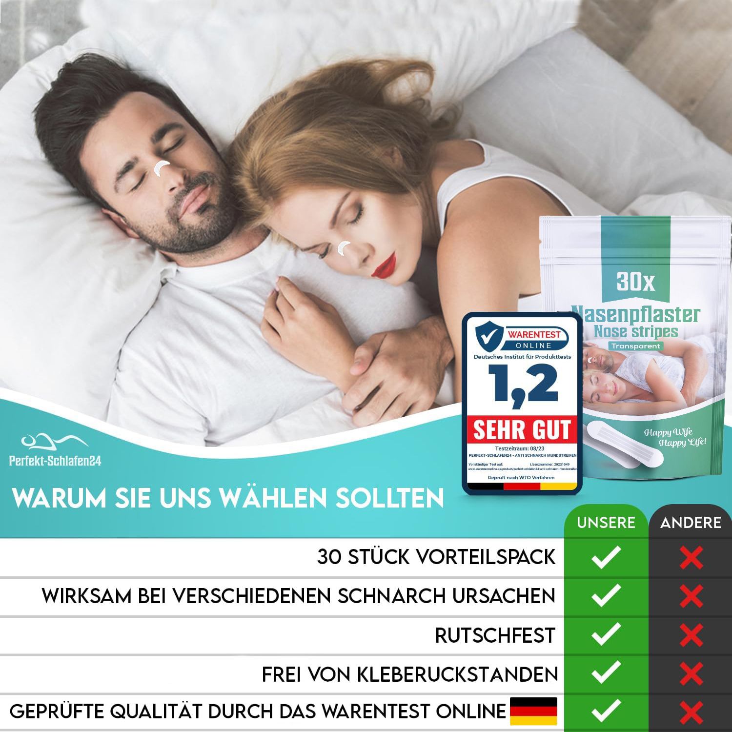 Paar schläft, Nasenpflaster. Verpackung: 30 Stück Nasenpflaster. WarenTest Online Bewertung: 1,2, sehr gut. Text: Warum Sie uns wählen sollten.