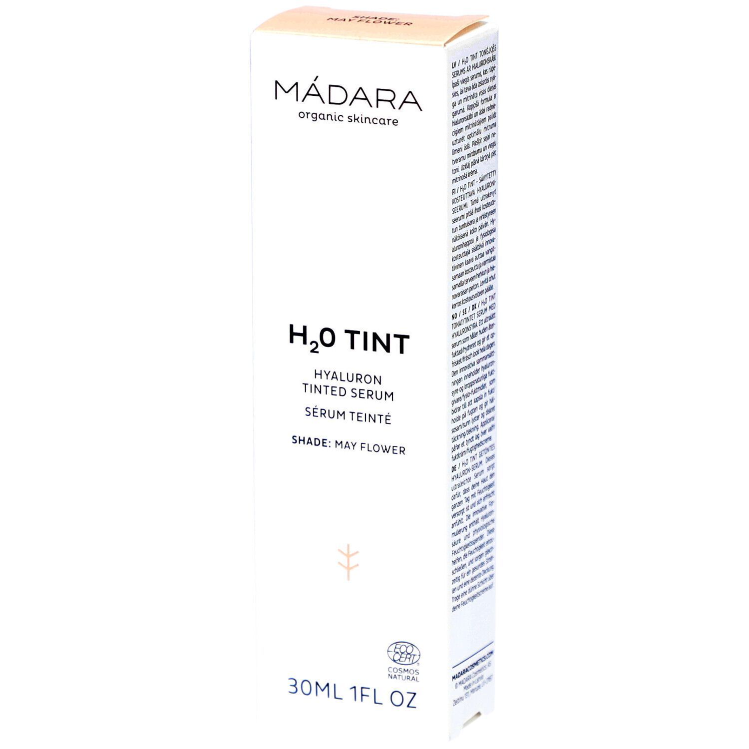 Madara H2O Tint Hyaluron-Serum, May Flower. Weiße Verpackung mit Produktnamen und Logo. 30ml.