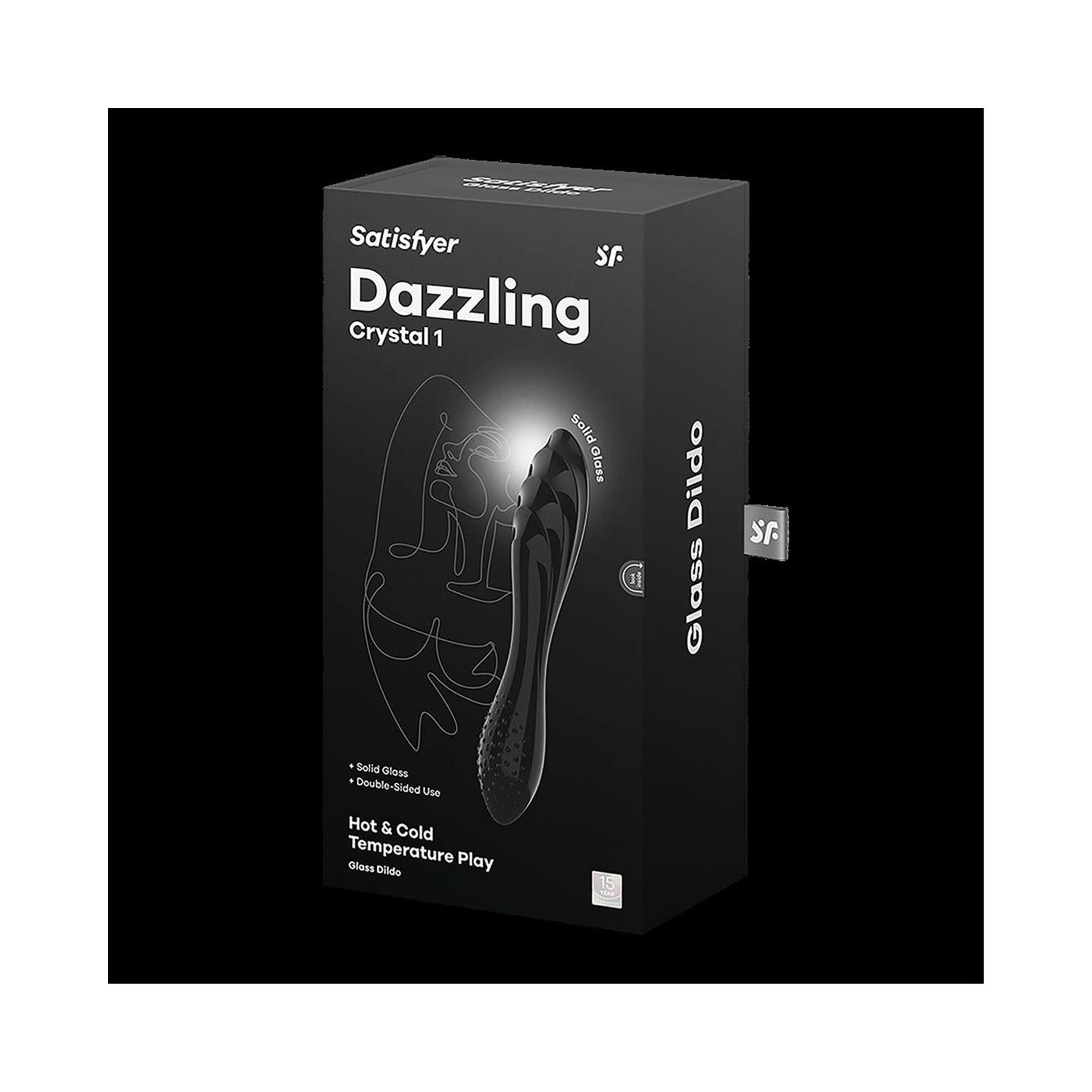 Schwarze Produktverpackung mit Produktabbildung. Aufschrift: Satisfyer Dazzling Crystal 1, Glass Dildo.
