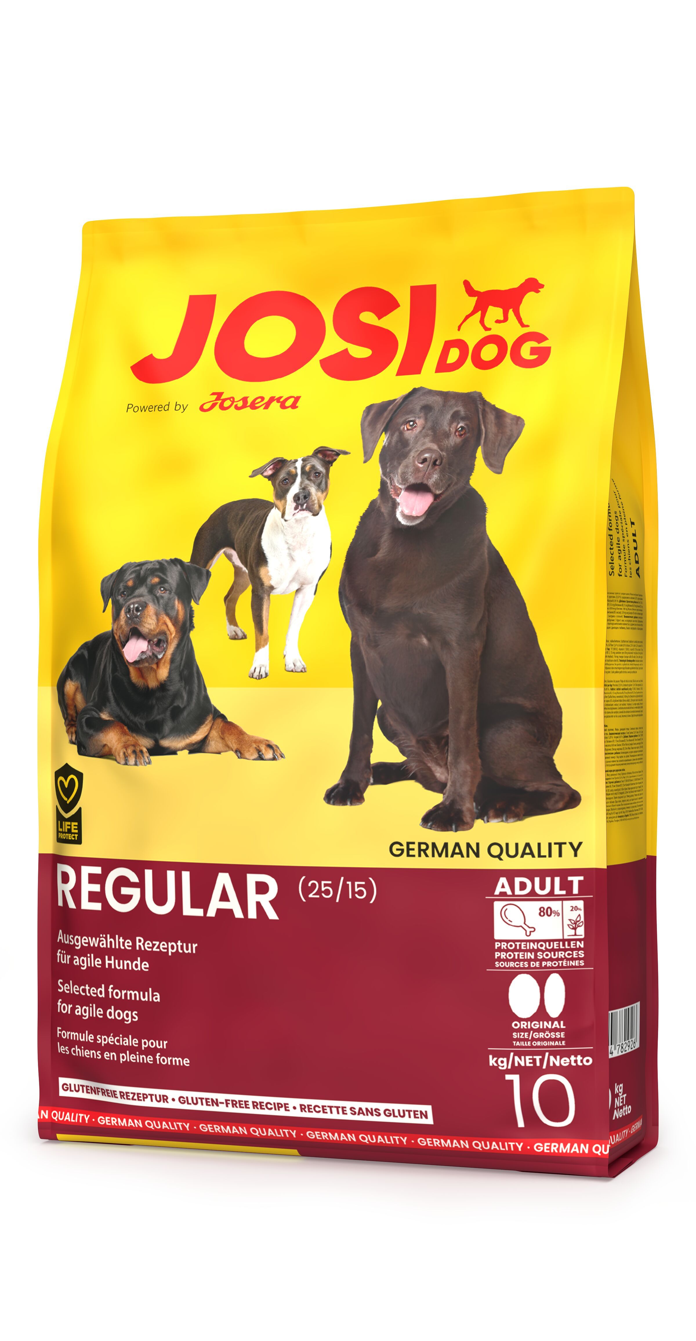Gelber Beutel JosiDog mit drei Hunden. Aufschrift: Regular, 10 kg, Gluten-Free Recipe.