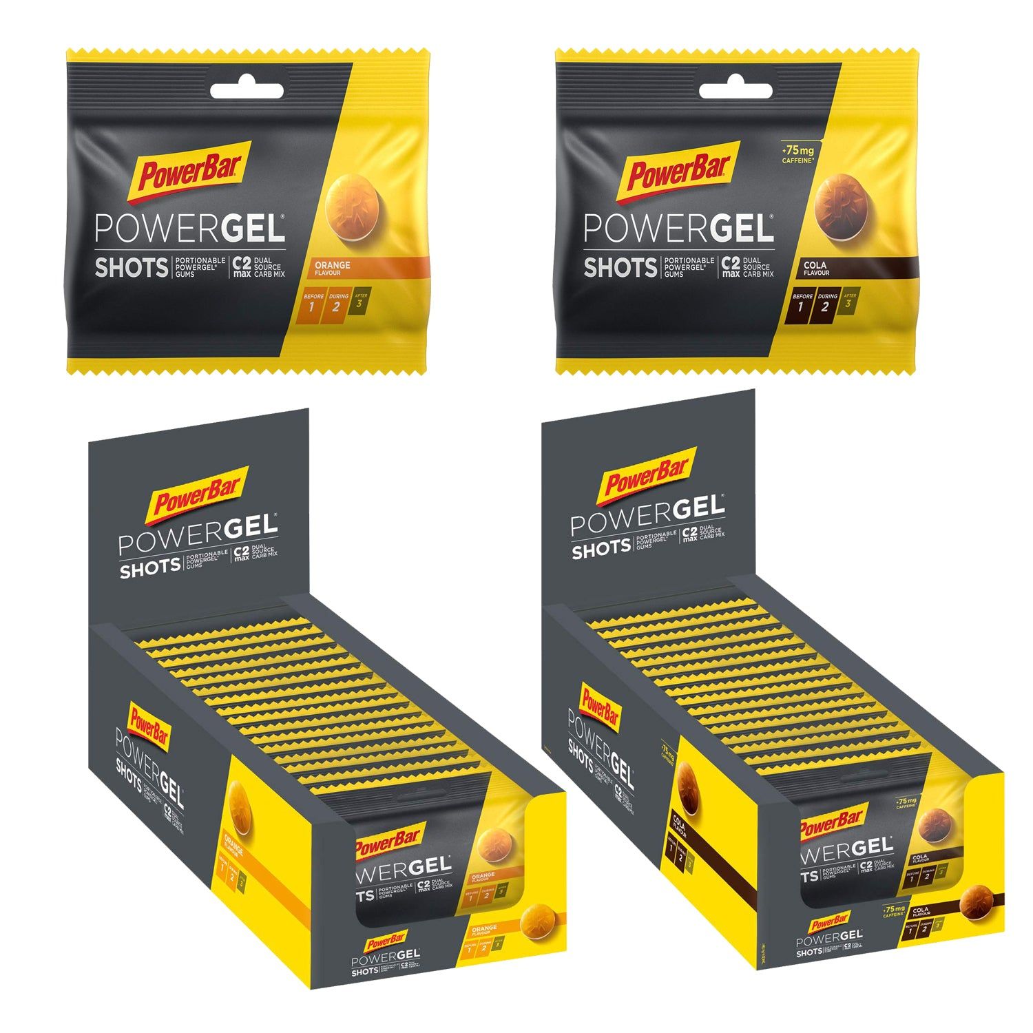 Powerbar PowerGel Shots Orange: Display mit 2 Schachteln, je 12 Beutel portionierbarer Gummis.