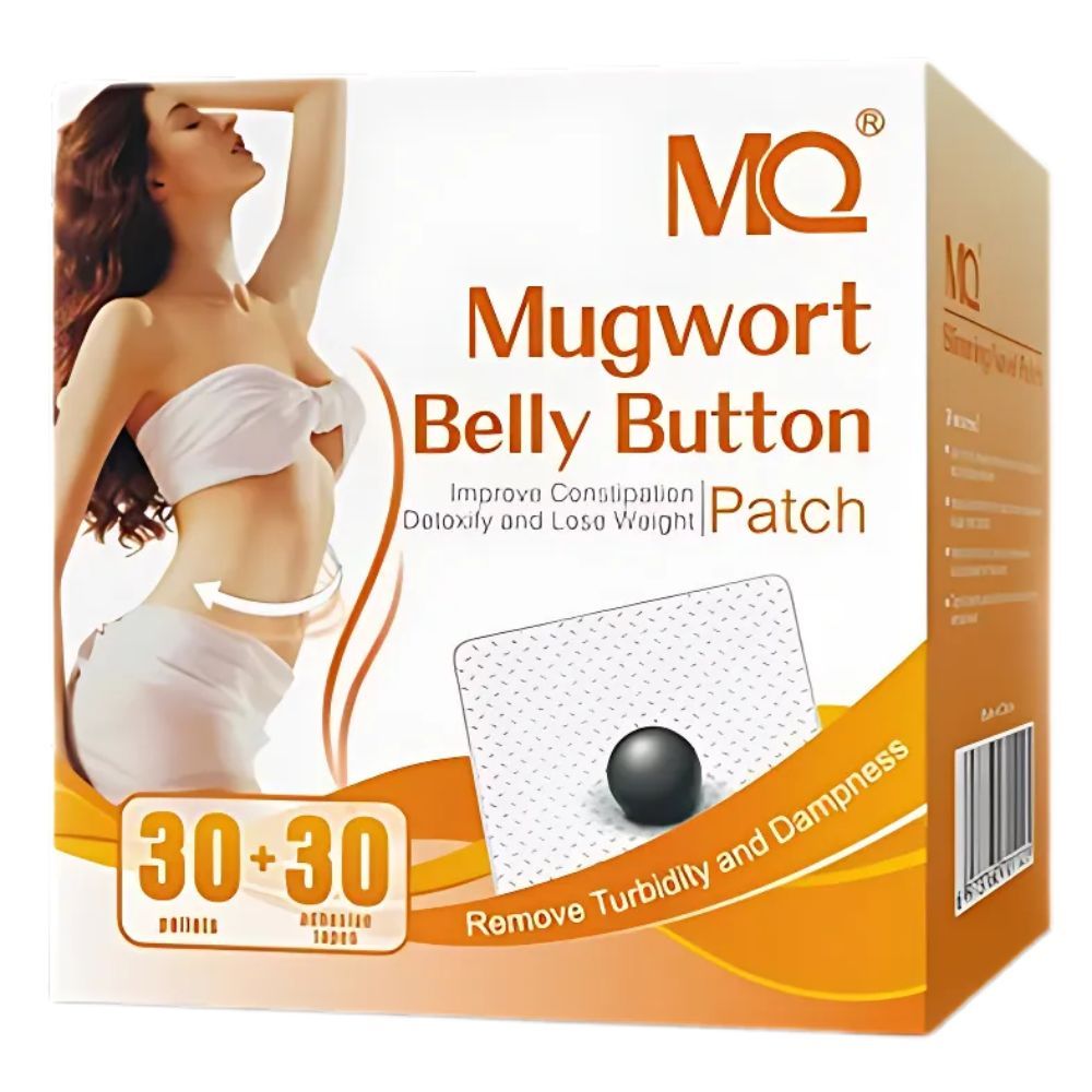 Verpackung mit Produktnamen MQ Mugwort Belly Button Patch. Enthält 30+30 Pflaster. Aufdruck: Improve Constipation, Detoxify and Lose Weight.