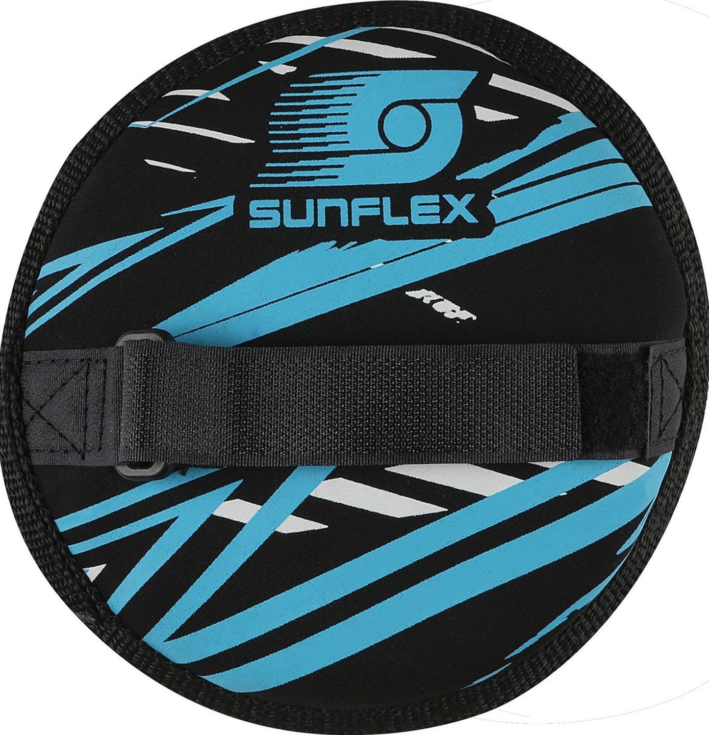 Runde, schwarze Fangscheibe mit blau-weißen Streifen und SUNFLEX-Logo. Schwarzer Griff mit Klettverschluss.
