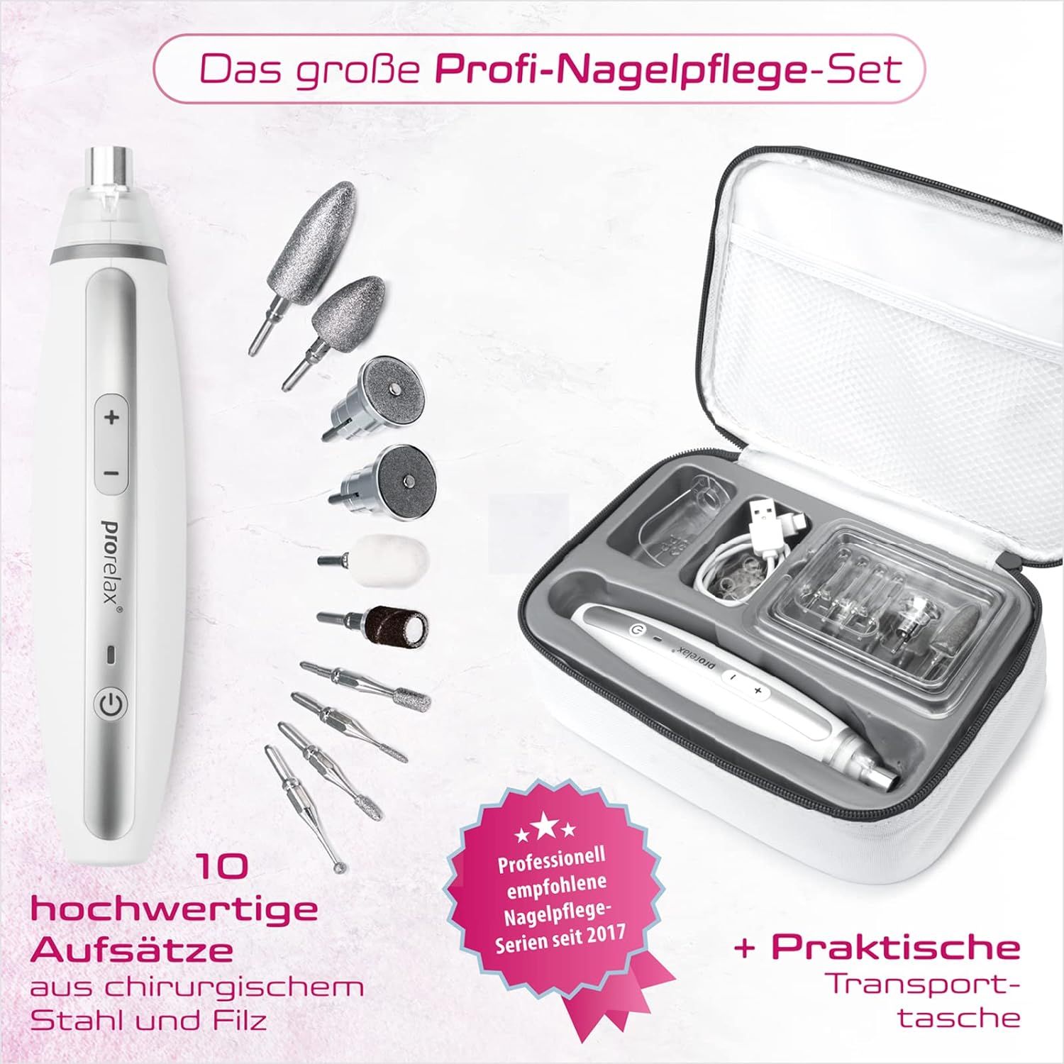 Weißes Maniküre-Pediküre-Set mit Zubehör und Etui. Text: 10 hochwertige Aufsätze aus chirurgischem Stahl und Filz. Transporttasche.