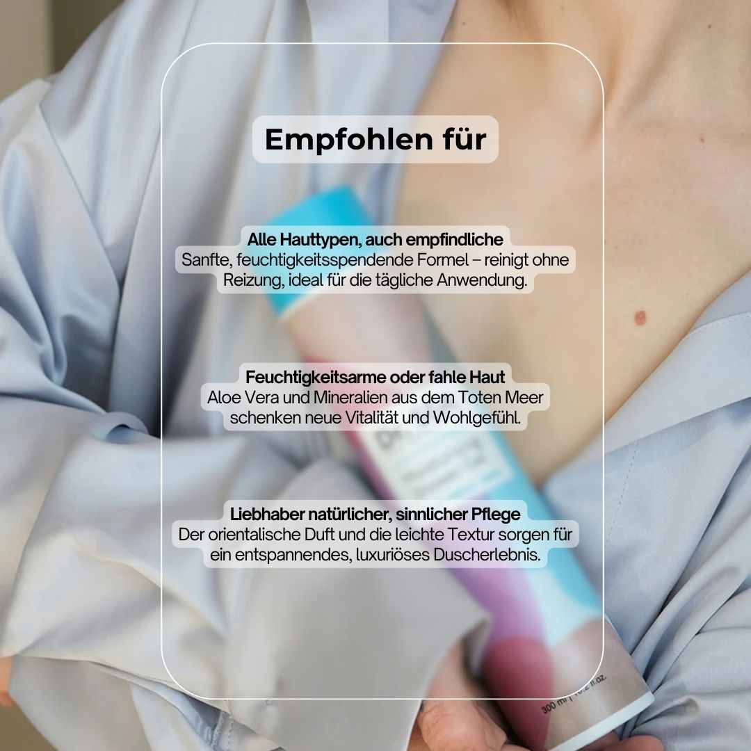 Duschgel-Flasche wird von Person gehalten. Text: Empfohlen für alle Hauttypen, feuchtigkeitsspendende Formel.