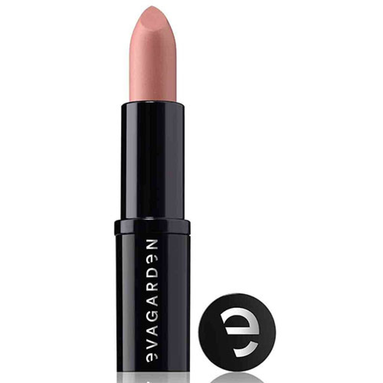 Lippenstift, rosa Farbton, schwarze Hülse mit weißem Schriftzug. Deckel daneben. Marke: Evagarden.