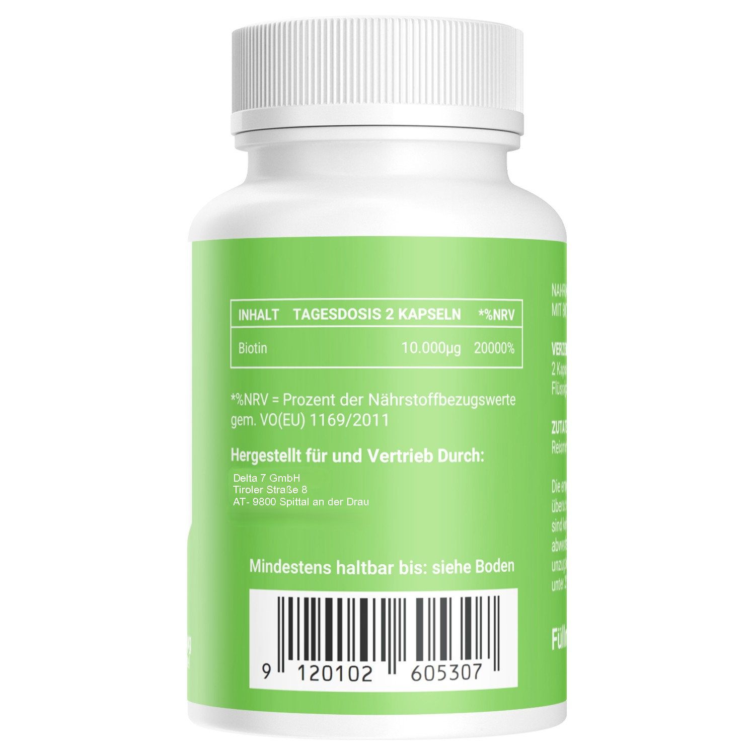 Rückseite der weißen Flasche mit grünem Etikett. Text über Nährwerte und Hersteller. Barcode und Mindesthaltbarkeit.