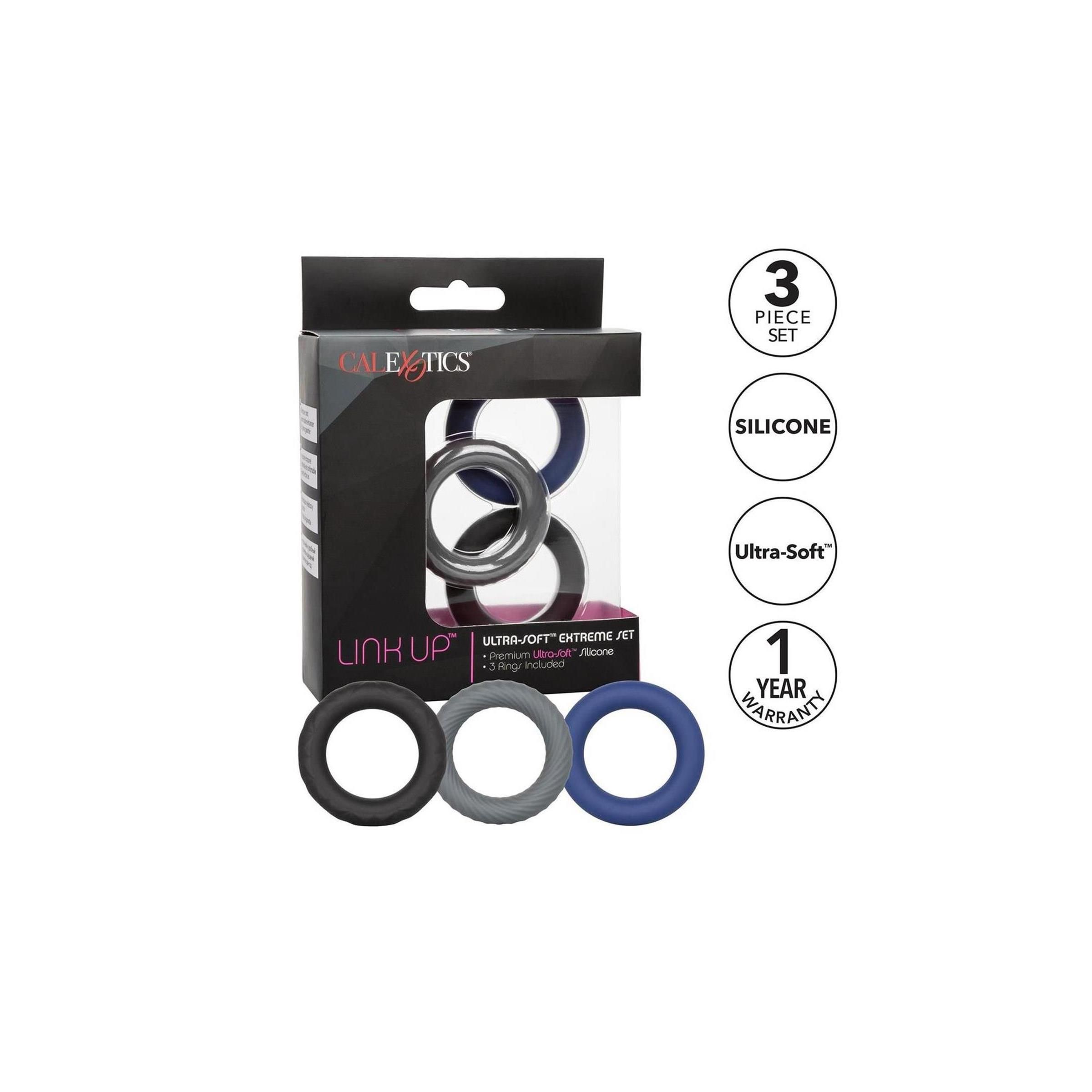 Verpackung mit drei Ringen. Marke CalExotics. Link Up Ultra-Soft Extreme Set. 3 Ringe, Silikon, 1 Jahr Garantie.