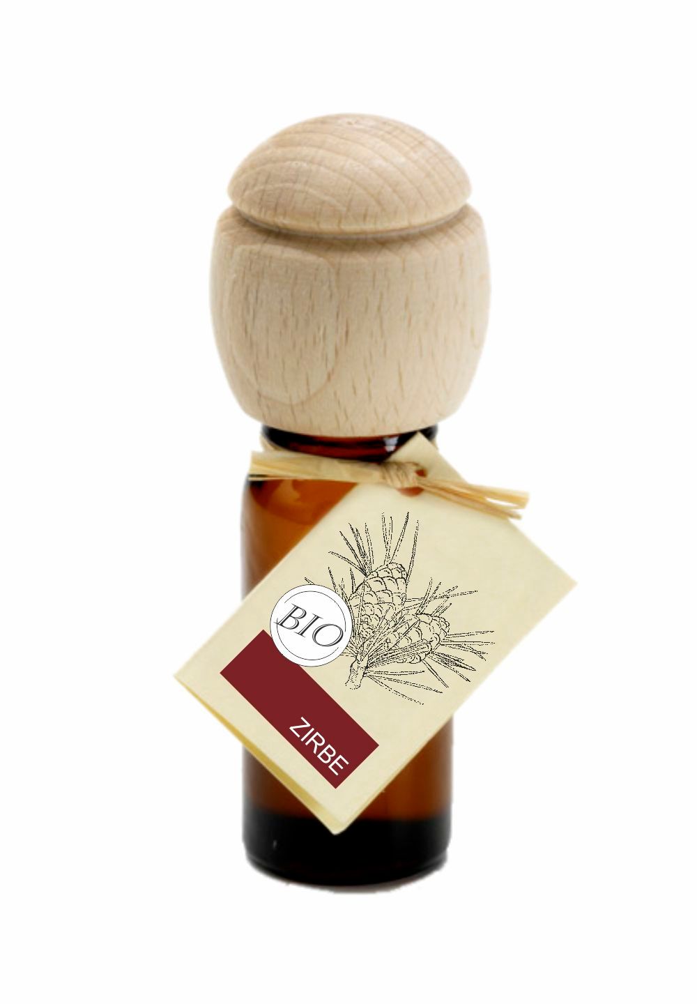 Braune Glasflasche mit Holzverschluss und Anhänger. Anhänger mit „BIO“ und „ZIRBE“ Schriftzug, sowie Tannenzweig-Illustration.